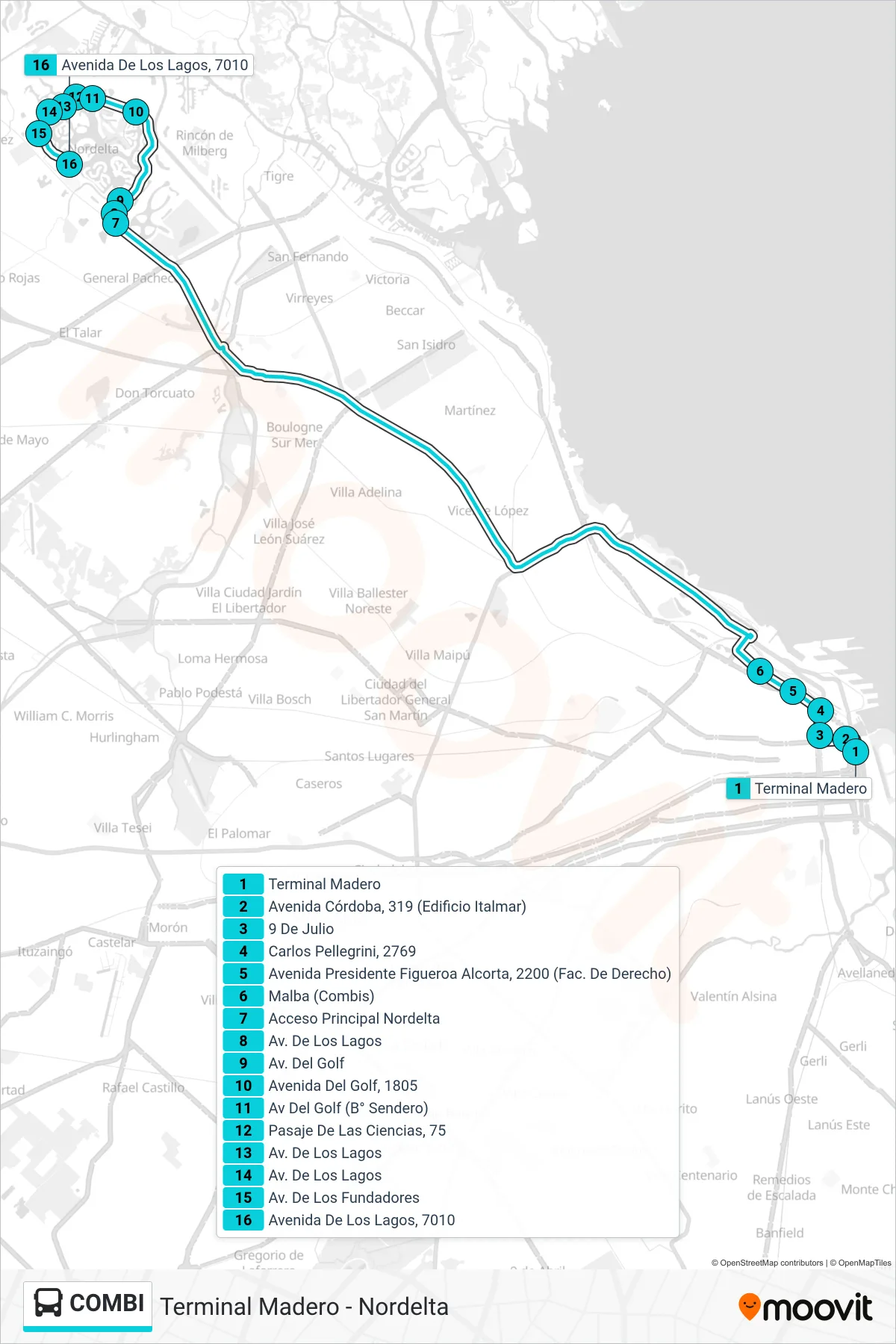 COMBI Colectivo Line (Nordelta) route and stops on a map