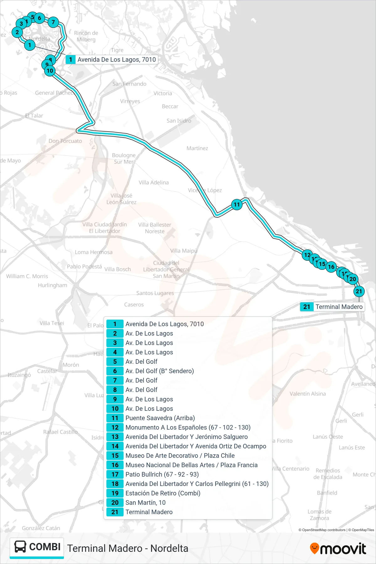 COMBI Colectivo Line (Terminal Madero (Por Av. Del Libertador)) route and stops on a map
