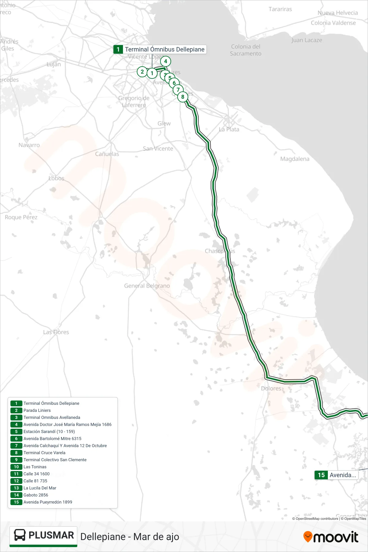 PLUSMAR bus Line (Dellepiane - Mar de ajo) route and stops on a map