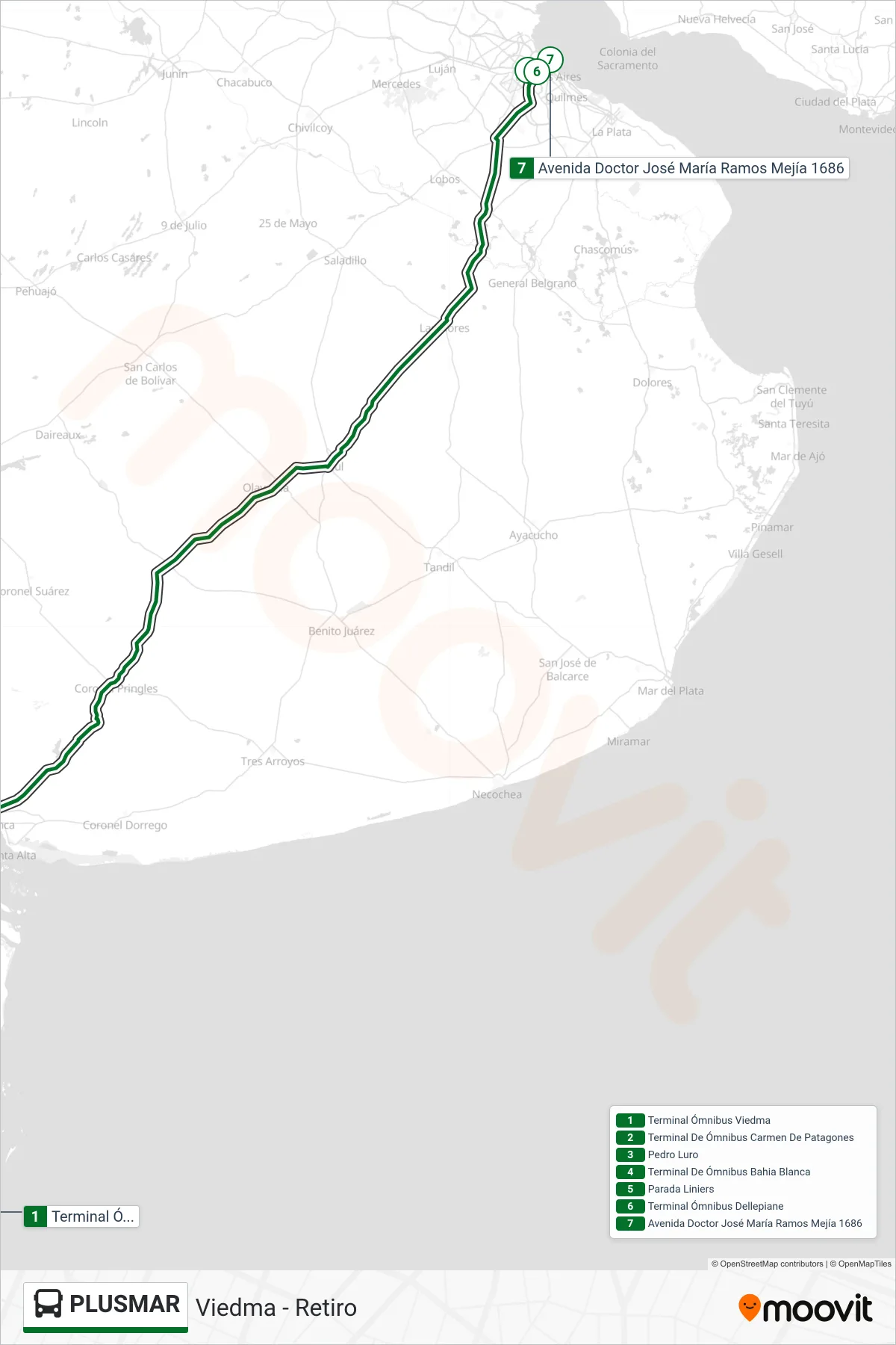 PLUSMAR Colectivo Line (Viedma - Retiro) route and stops on a map