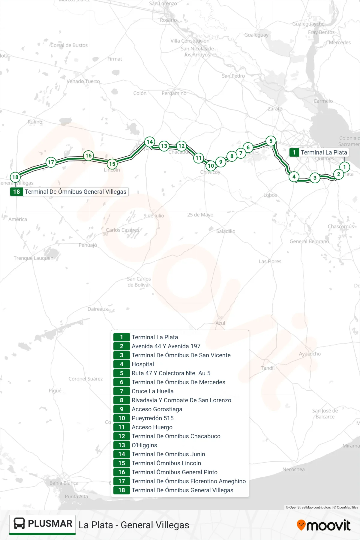 PLUSMAR Colectivo Line (La Plata - General Villegas) route and stops on a map