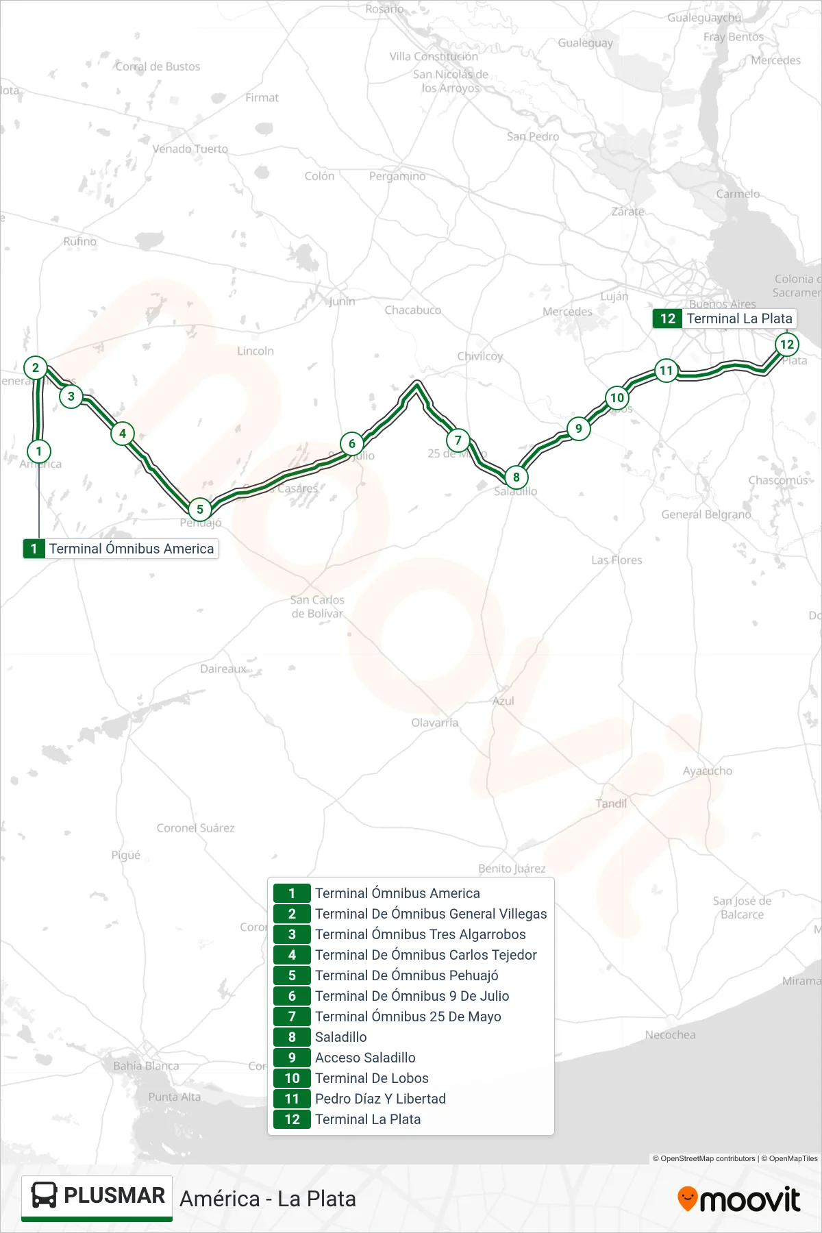 PLUSMAR Colectivo Line (América - La Plata) route and stops on a map