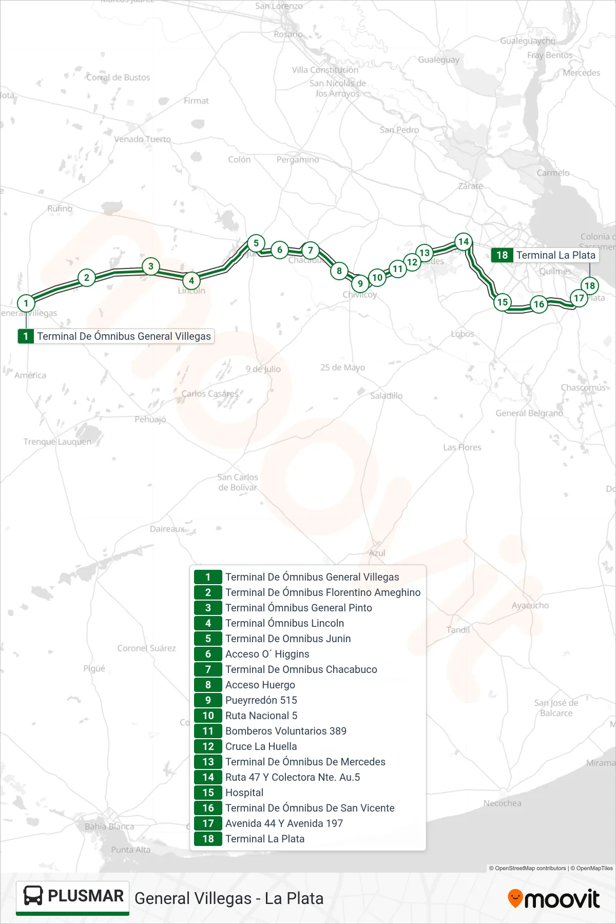 PLUSMAR bus Line (General Villegas - La Plata) route and stops on a map
