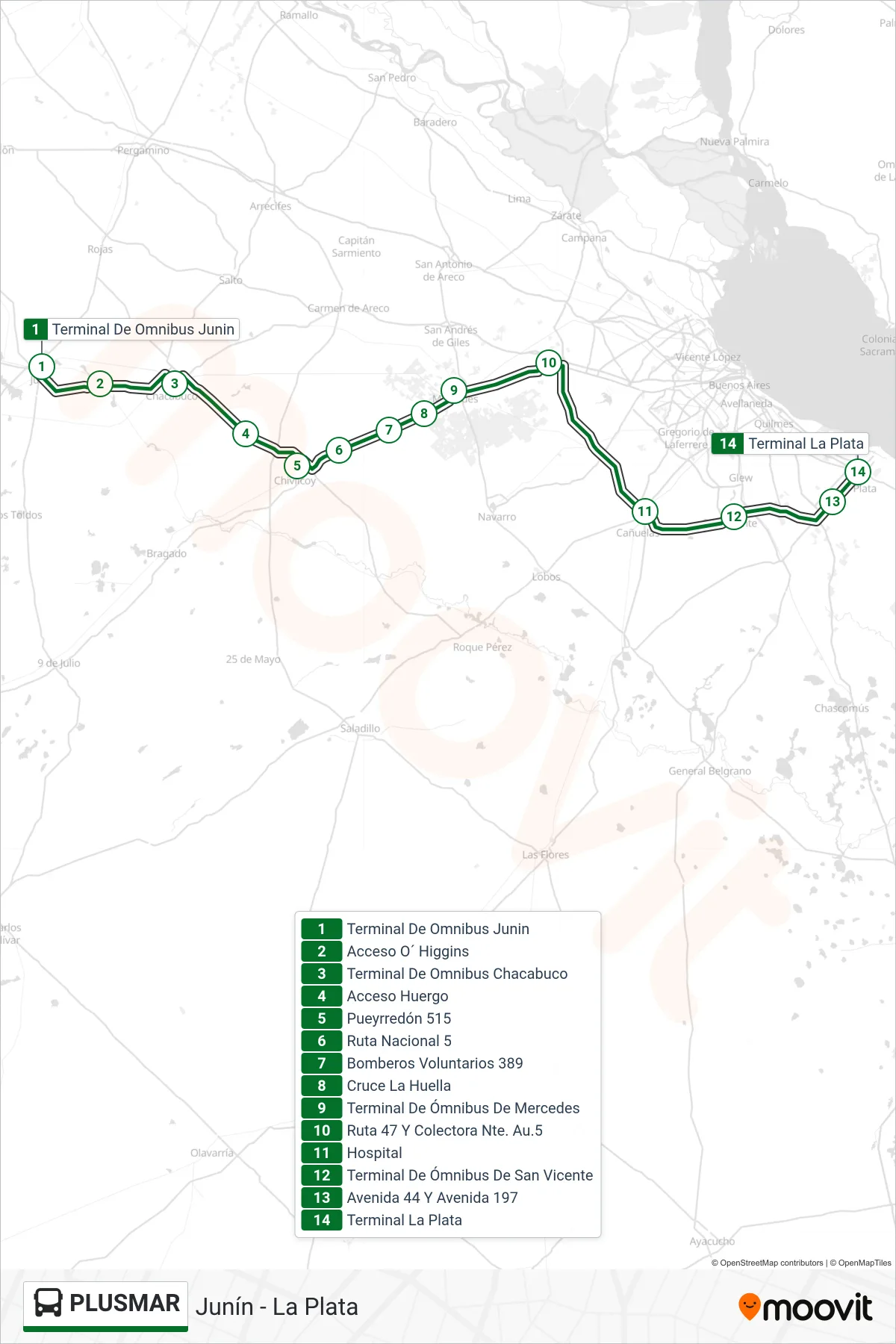 PLUSMAR bus Line (Junín - La Plata) route and stops on a map