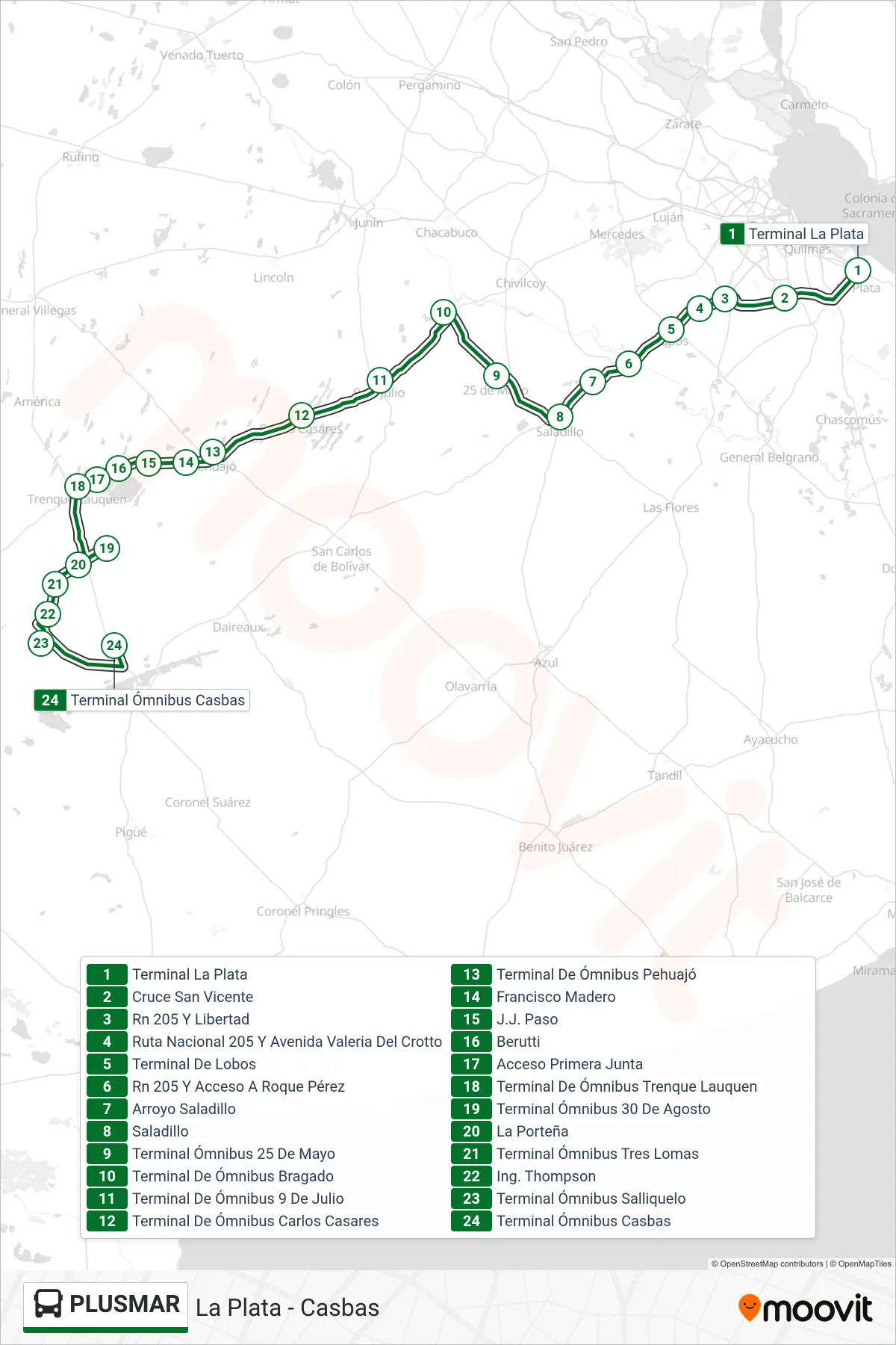 PLUSMAR Colectivo Line (La Plata - Casbas) route and stops on a map