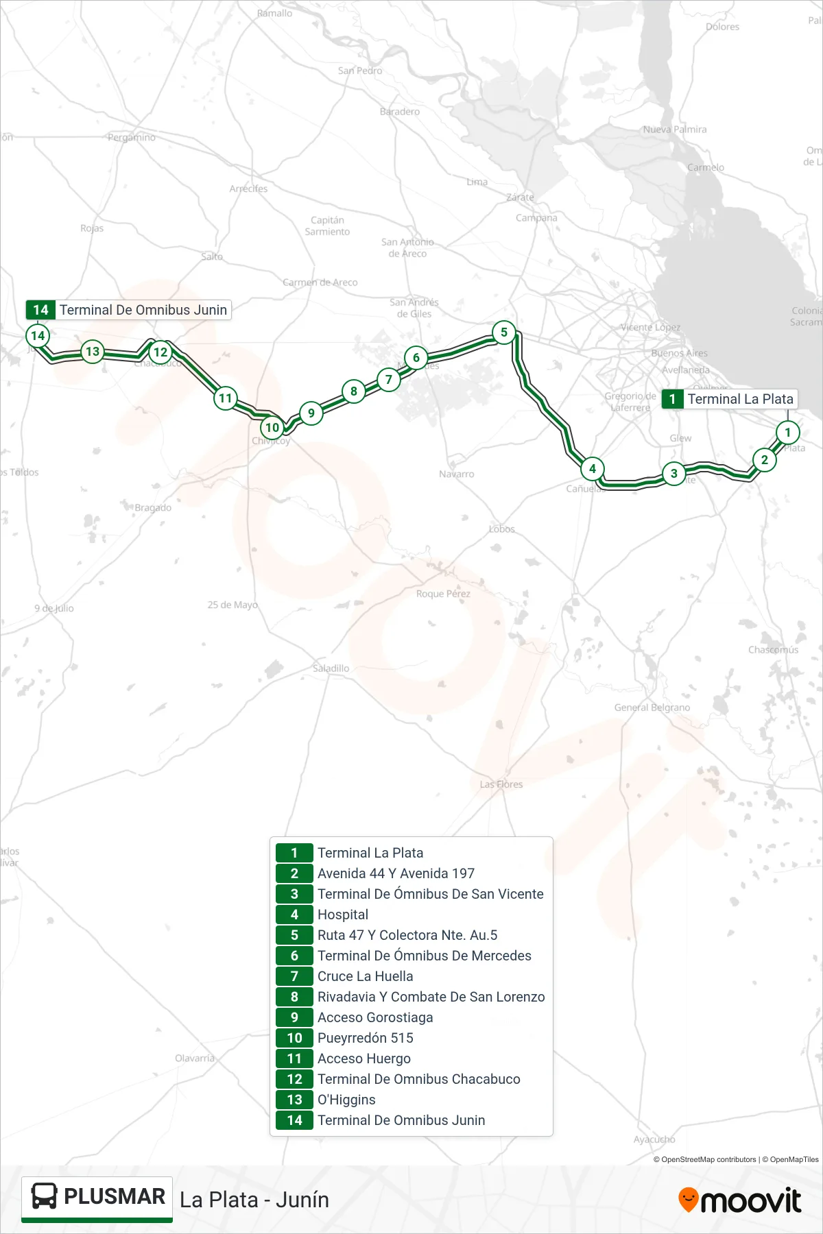 PLUSMAR bus Line (La Plata - Junín) route and stops on a map