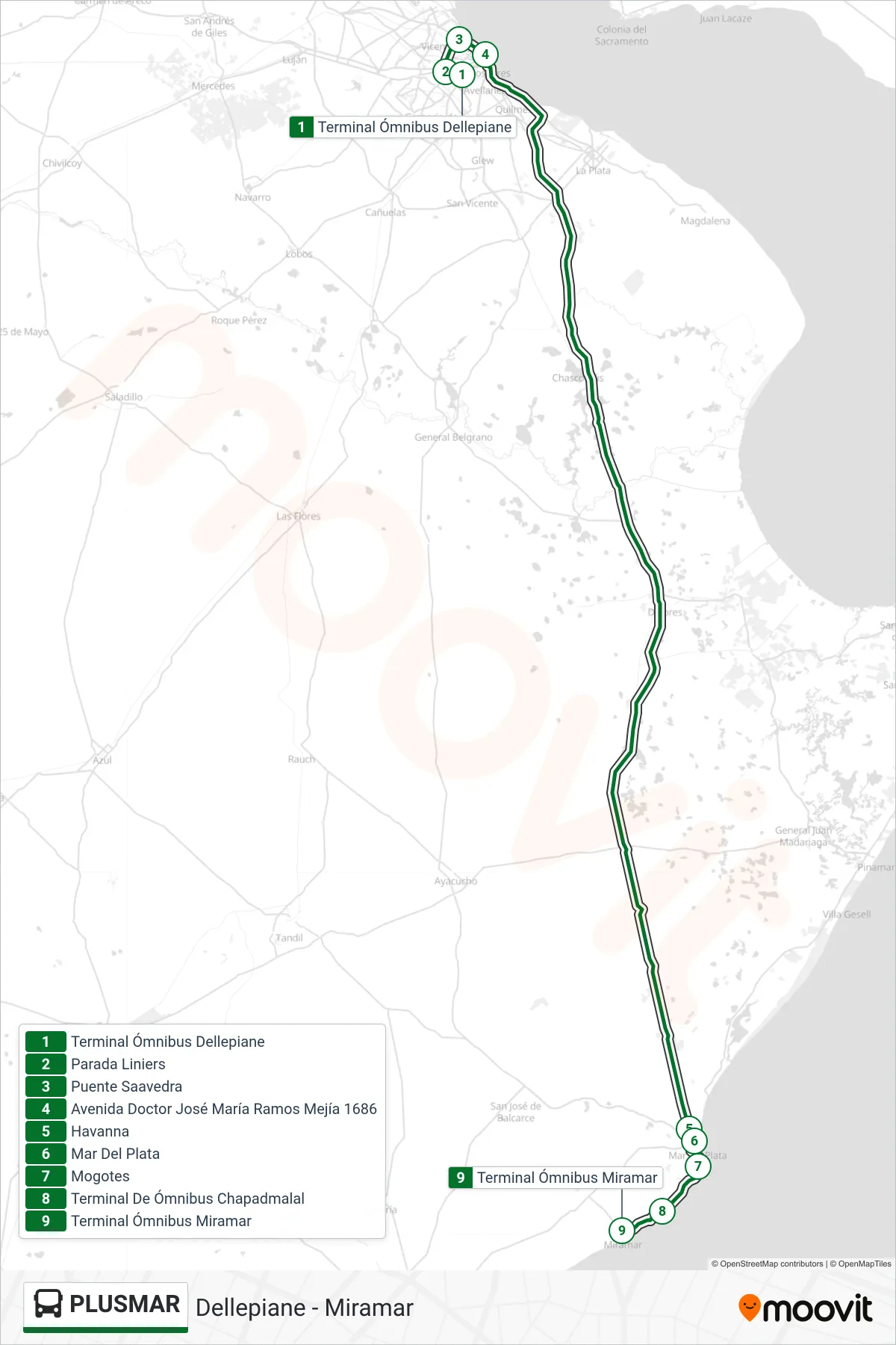 PLUSMAR bus Line (Dellepiane - Miramar) route and stops on a map