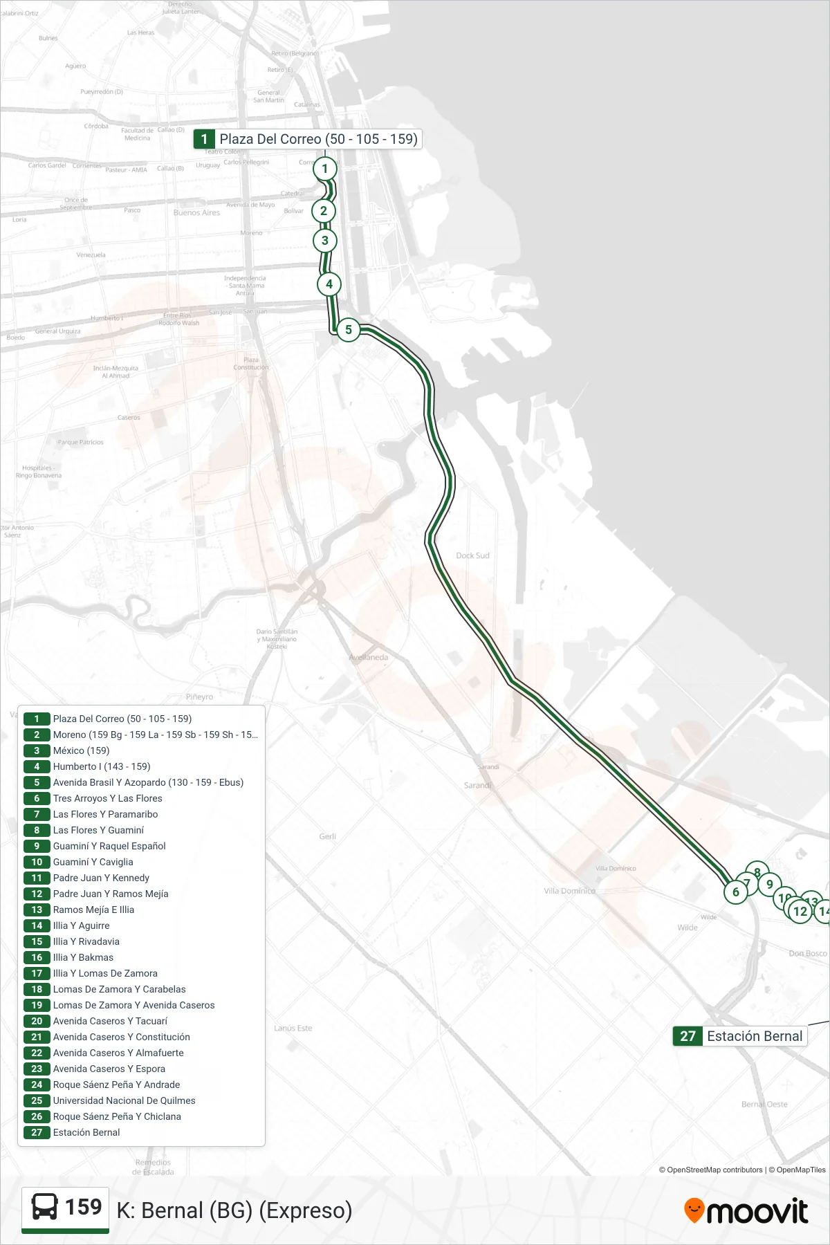 159 Colectivo Line (K: Bernal (BG) (Expreso)) route and stops on a map