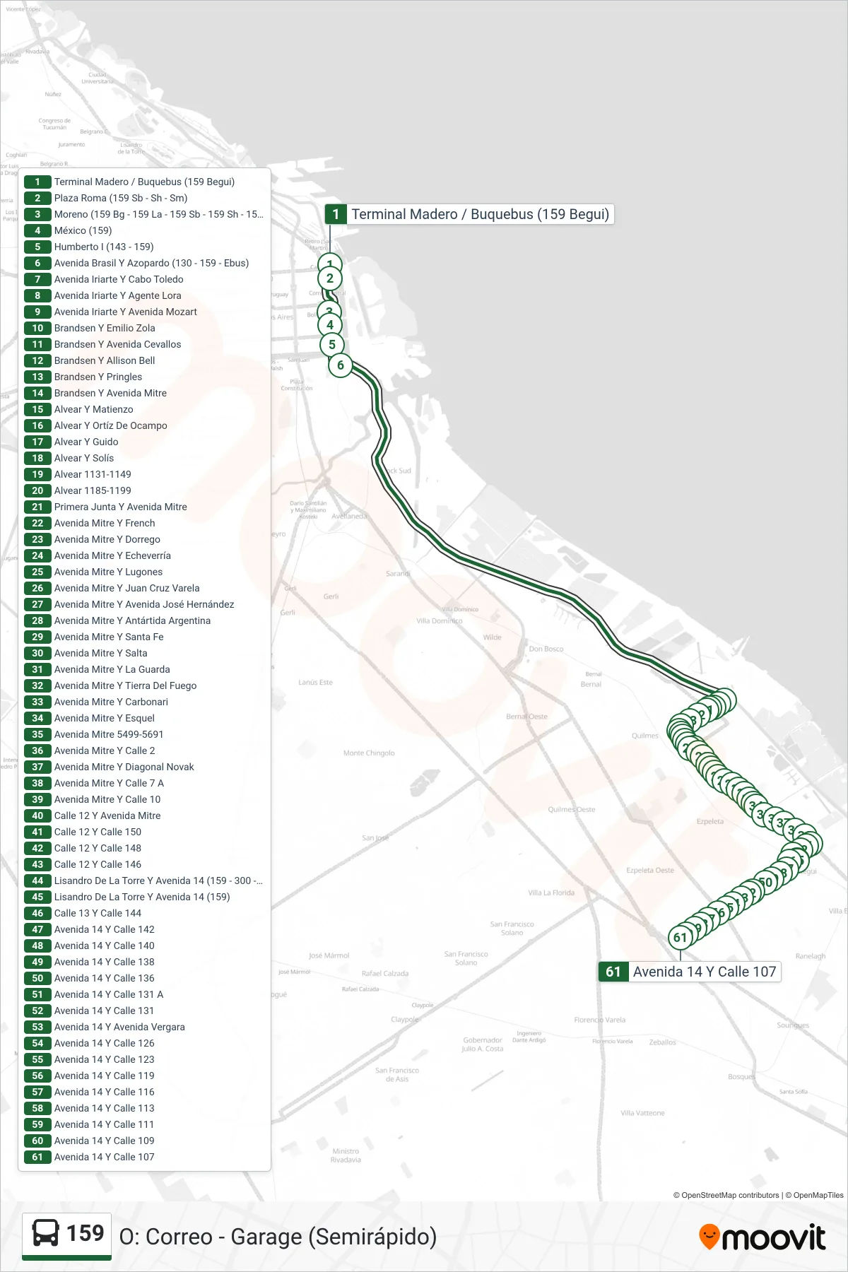 159 bus Line (O: Correo - Garage (Semirápido)) route and stops on a map
