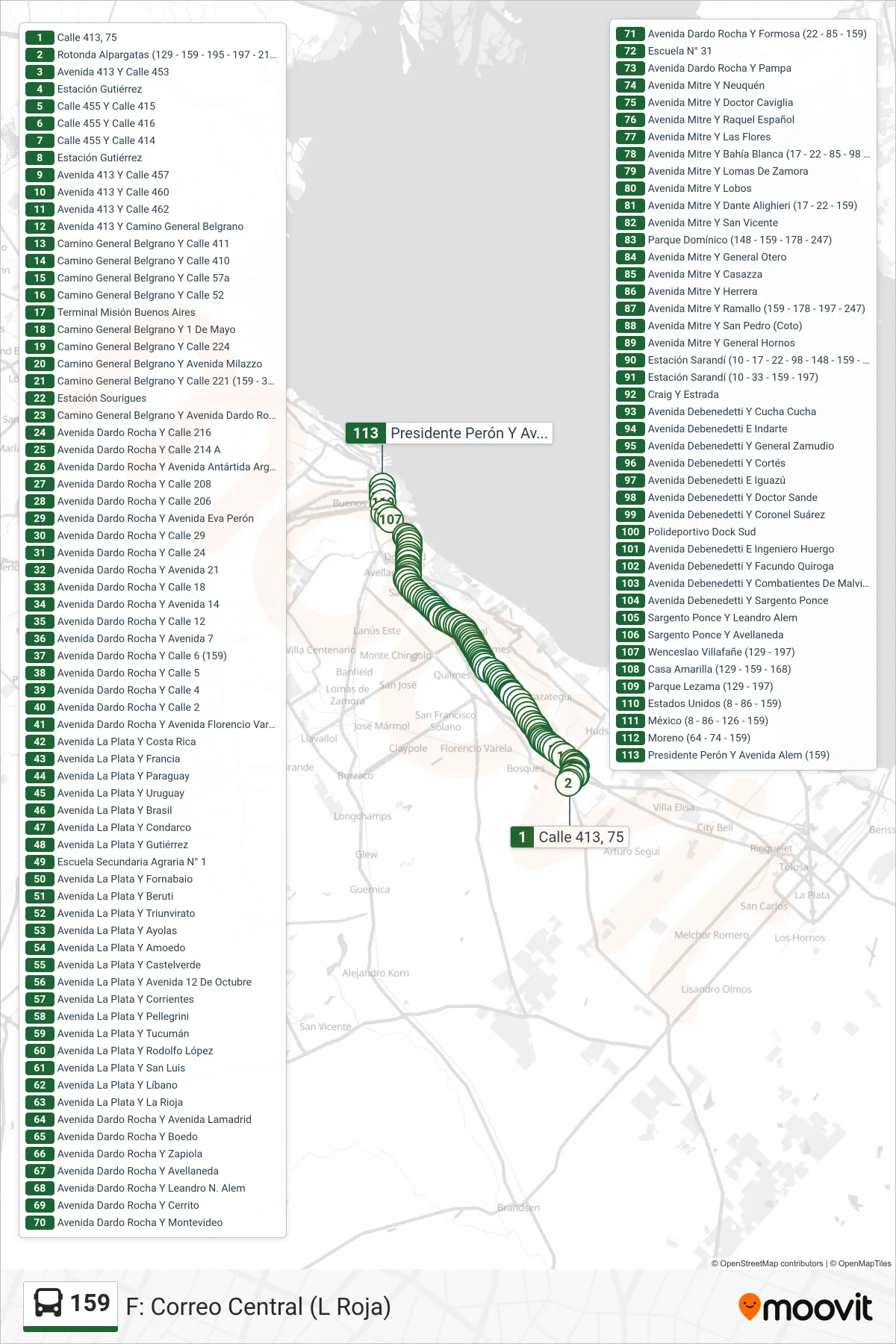 159 Colectivo Line (F: Correo Central (L Roja)) route and stops on a map