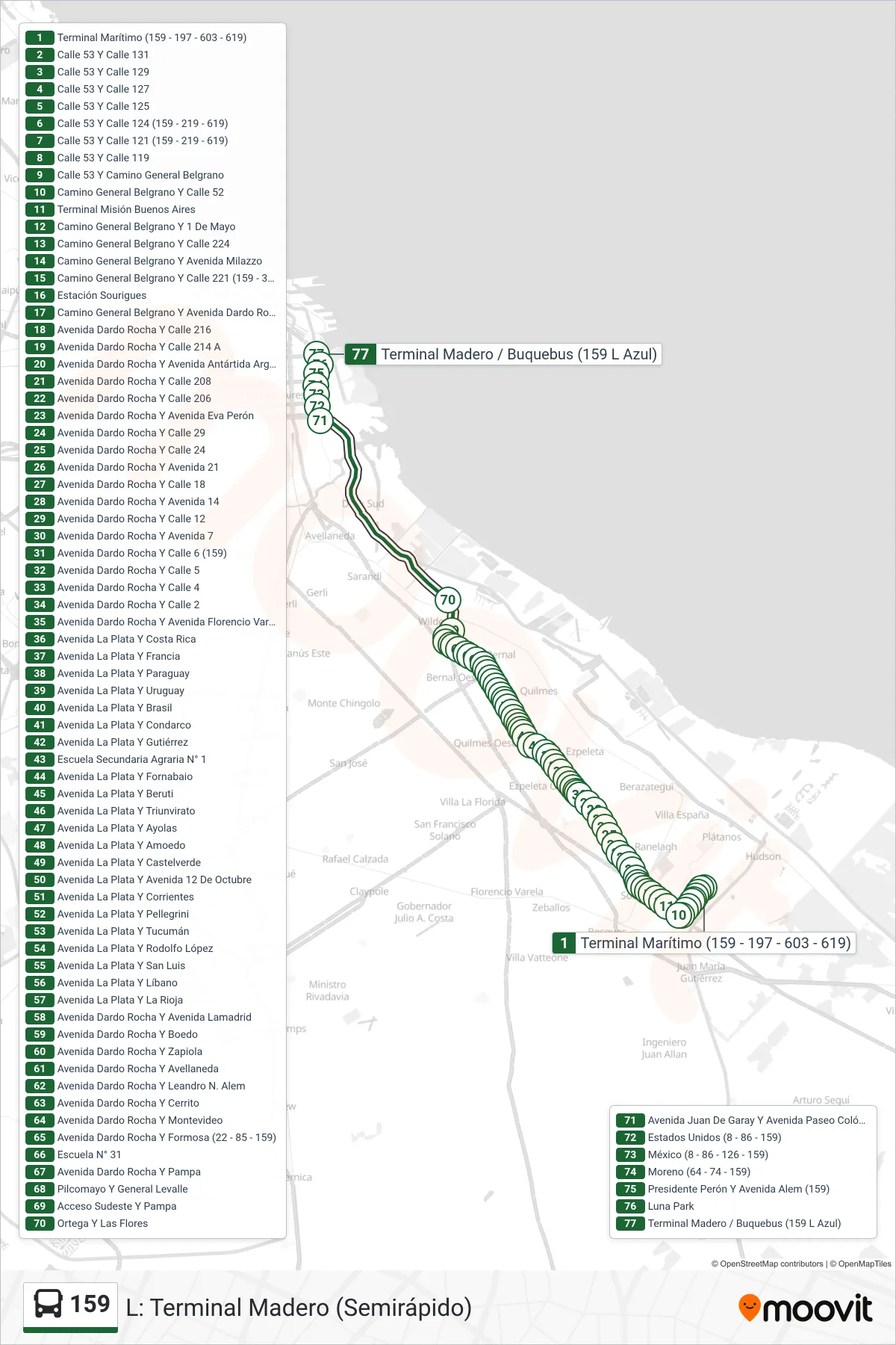 159 bus Line (L: Terminal Madero (Semirápido)) route and stops on a map