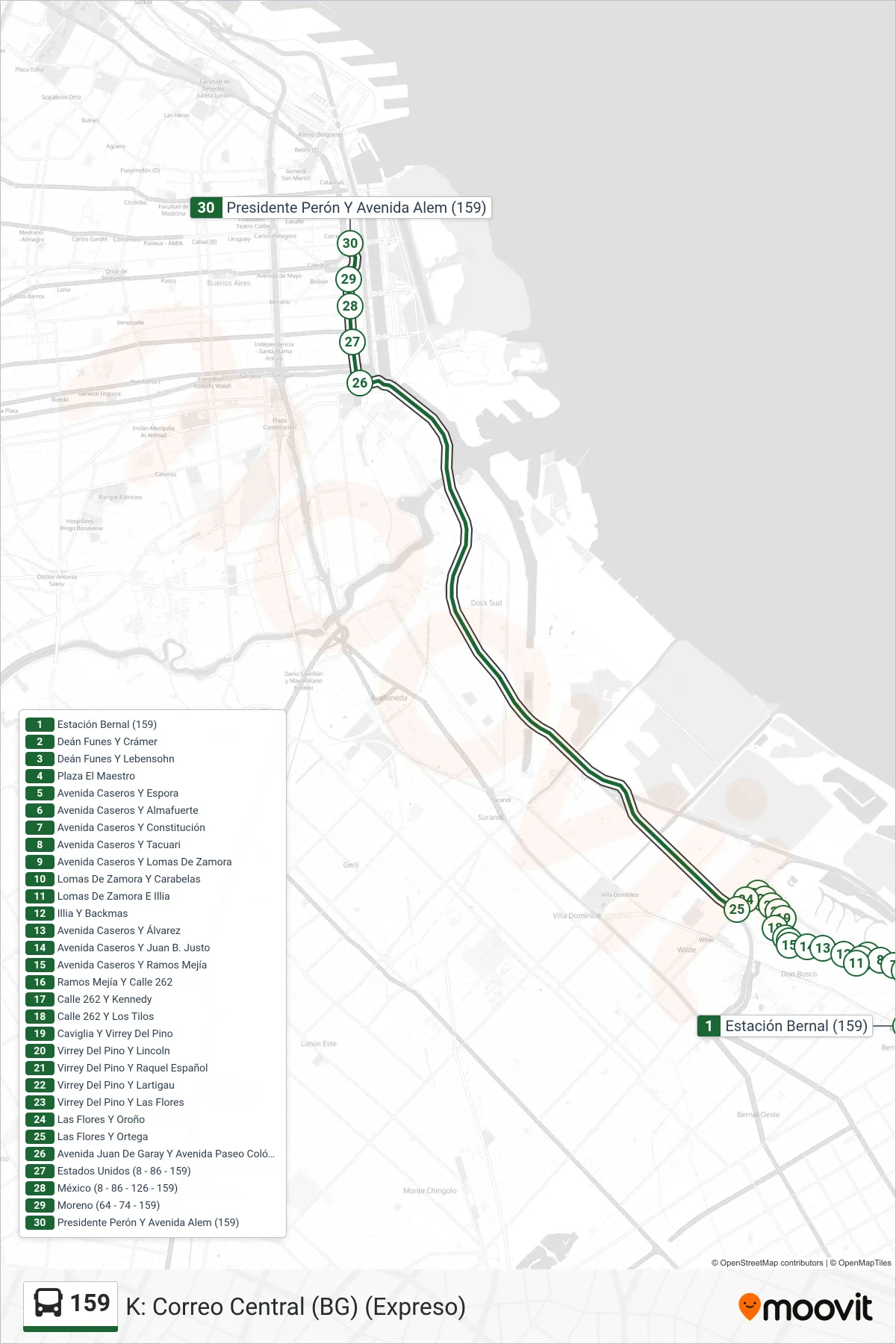 159 bus Line (K: Correo Central (BG) (Expreso)) route and stops on a map