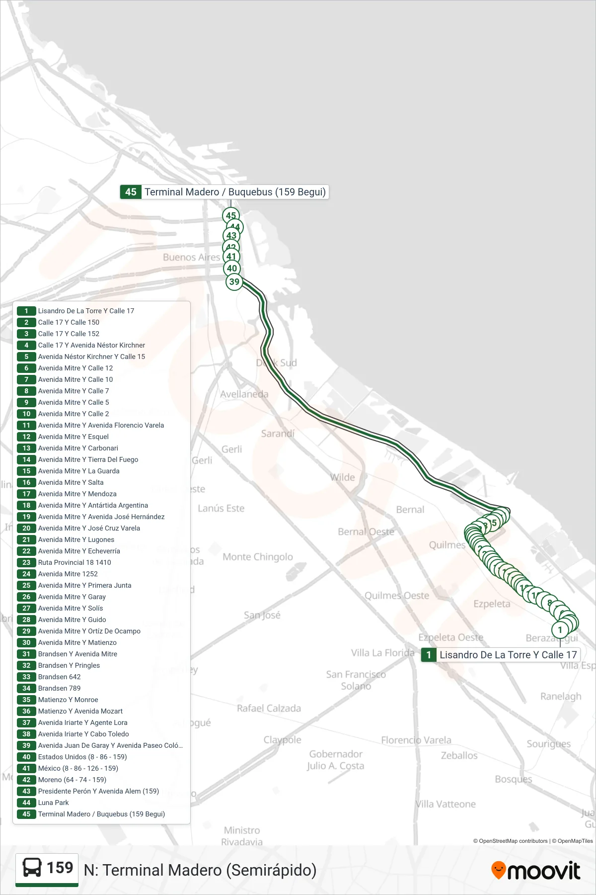 159 Colectivo Line (N: Terminal Madero (Semirápido)) route and stops on a map
