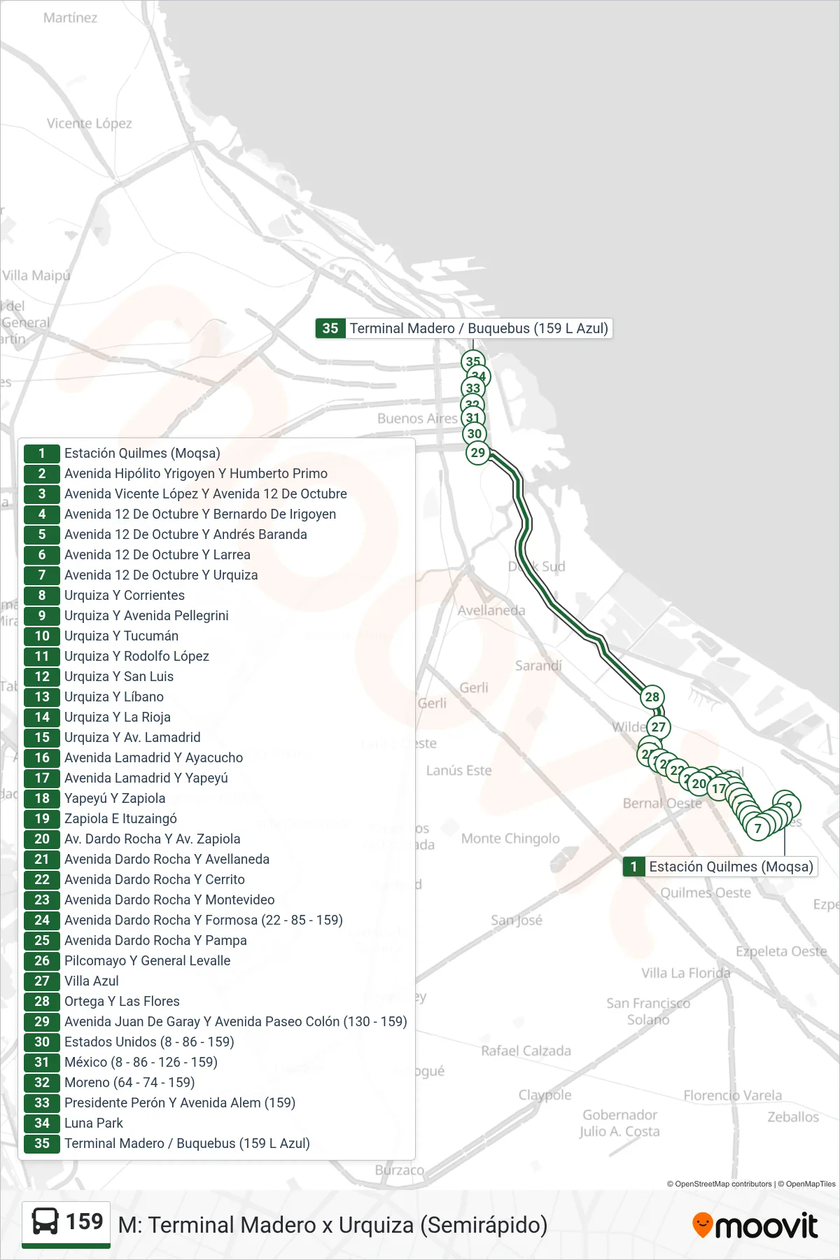 159 bus Line (M: Terminal Madero x Urquiza (Semirápido)) route and stops on a map