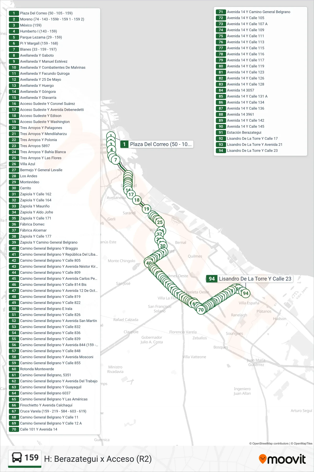 159 Colectivo Line (H: Berazategui x Acceso (R2)) route and stops on a map
