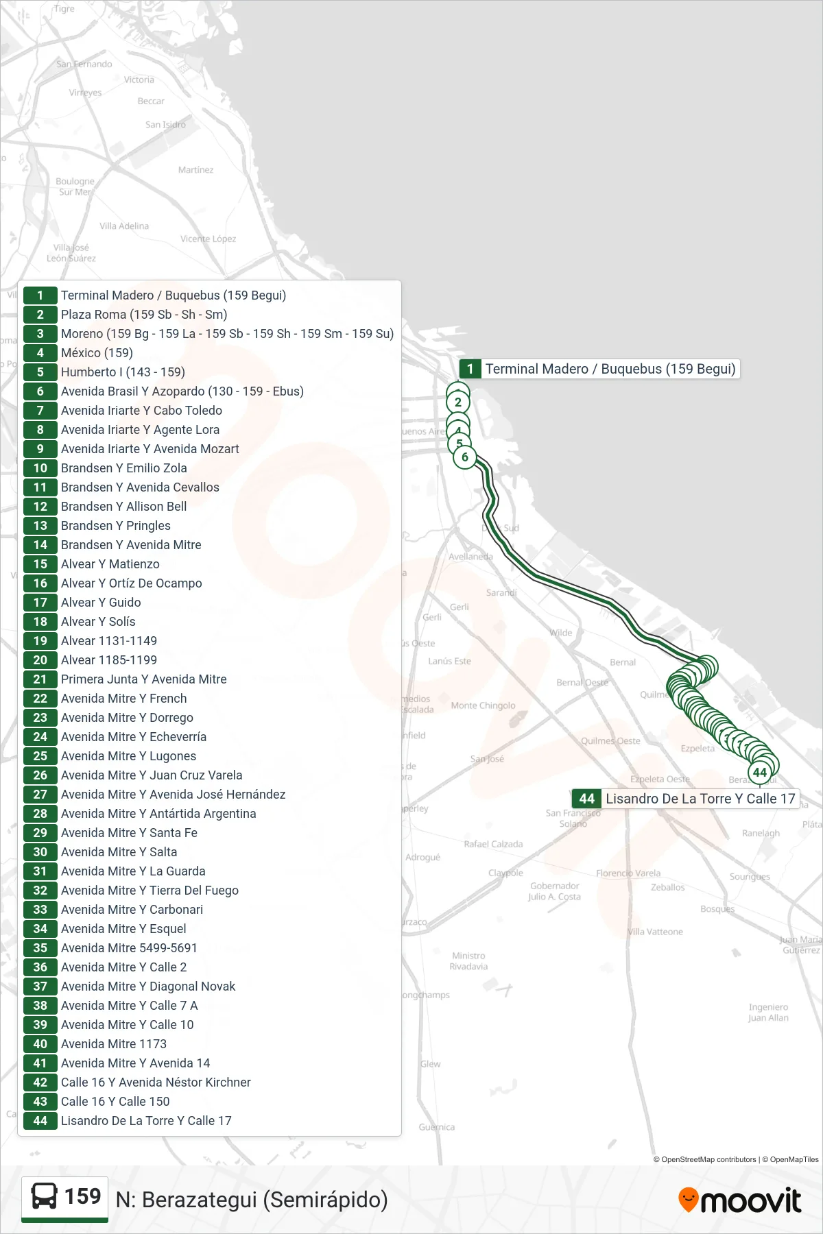 159 bus Line (N: Berazategui (Semirápido)) route and stops on a map
