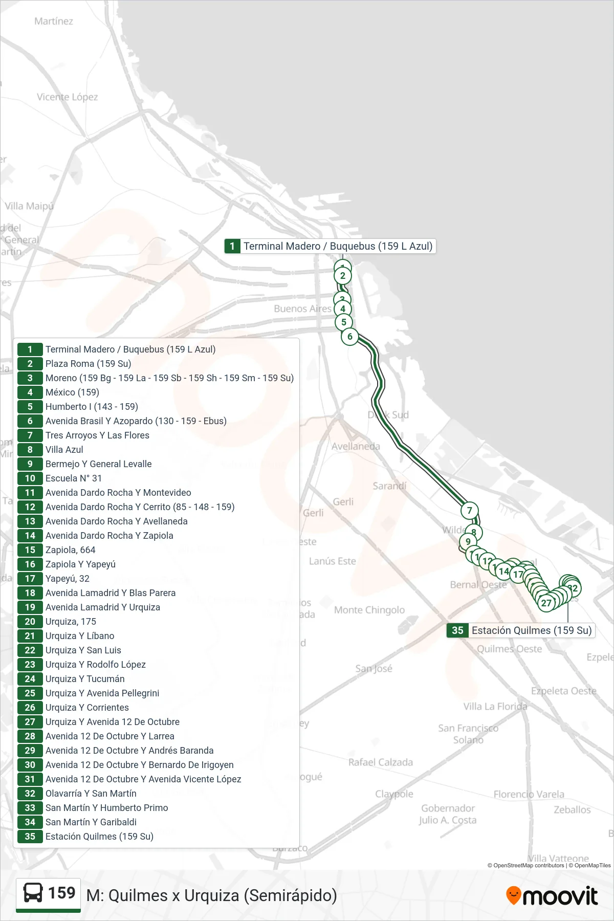 159 bus Line (M: Quilmes x Urquiza (Semirápido)) route and stops on a map