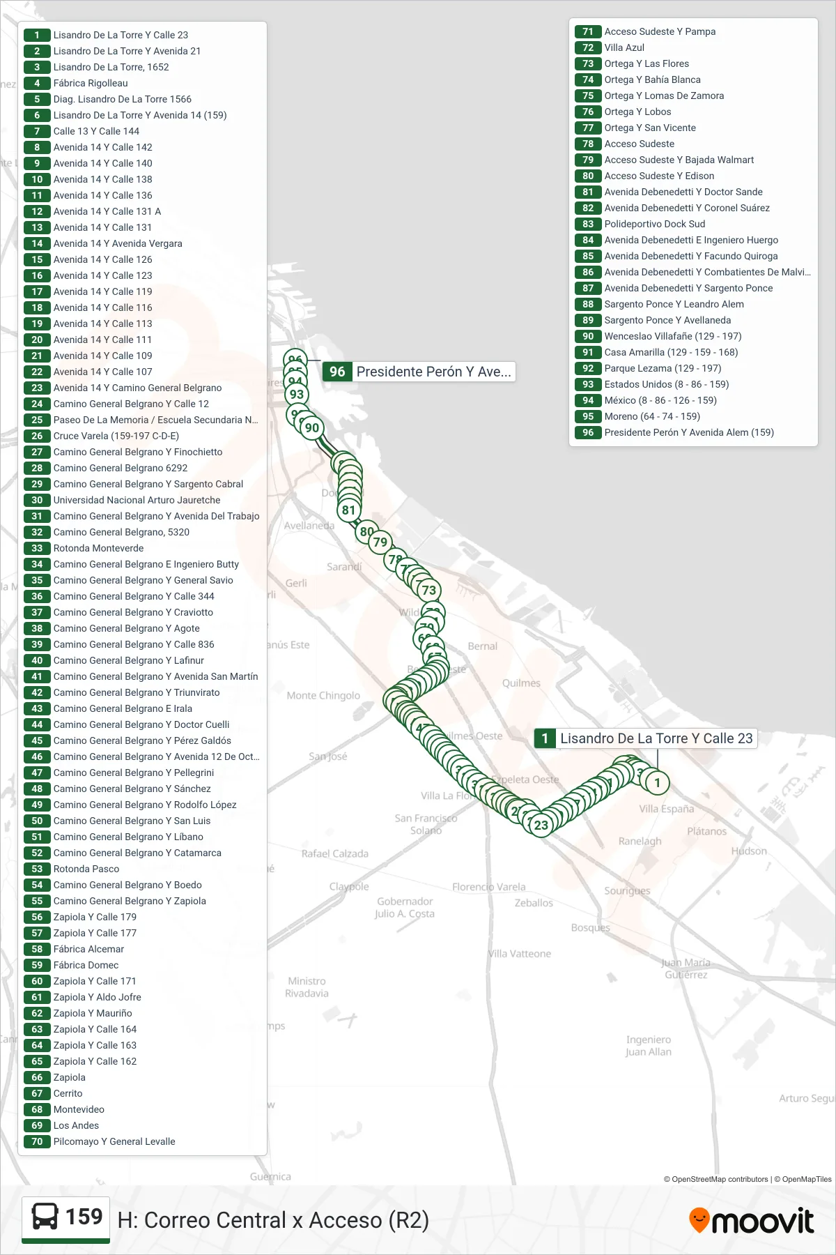 159 Colectivo Line (H: Correo Central x Acceso (R2)) route and stops on a map