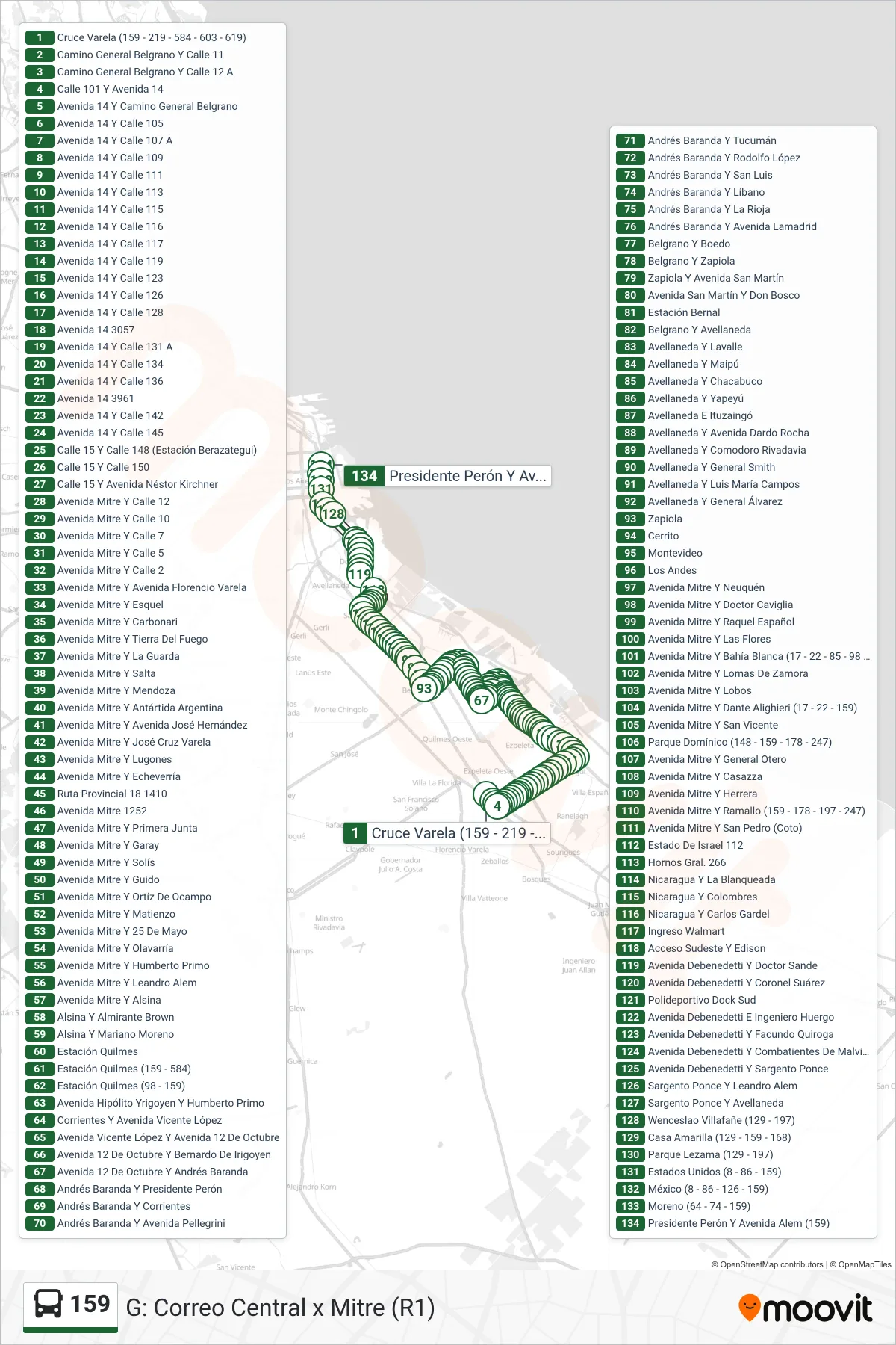 159 Colectivo Line (G: Correo Central x Mitre (R1)) route and stops on a map
