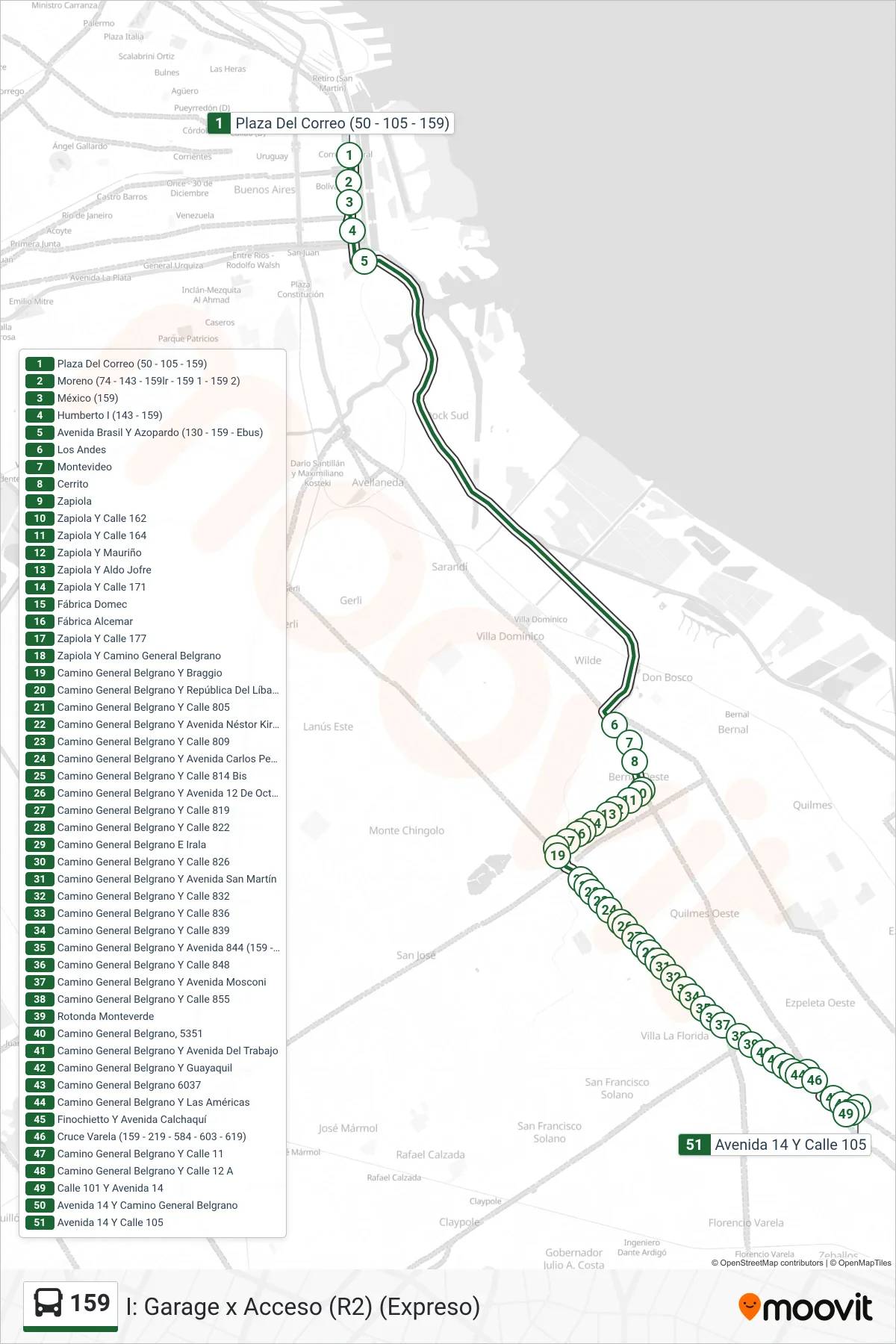 159 bus Line (I: Garage x Acceso (R2) (Expreso)) route and stops on a map