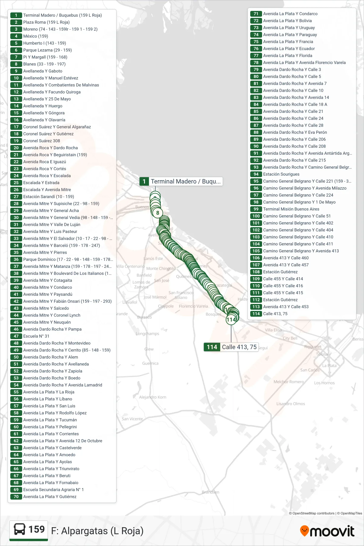 159 Colectivo Line (F: Alpargatas (L Roja)) route and stops on a map
