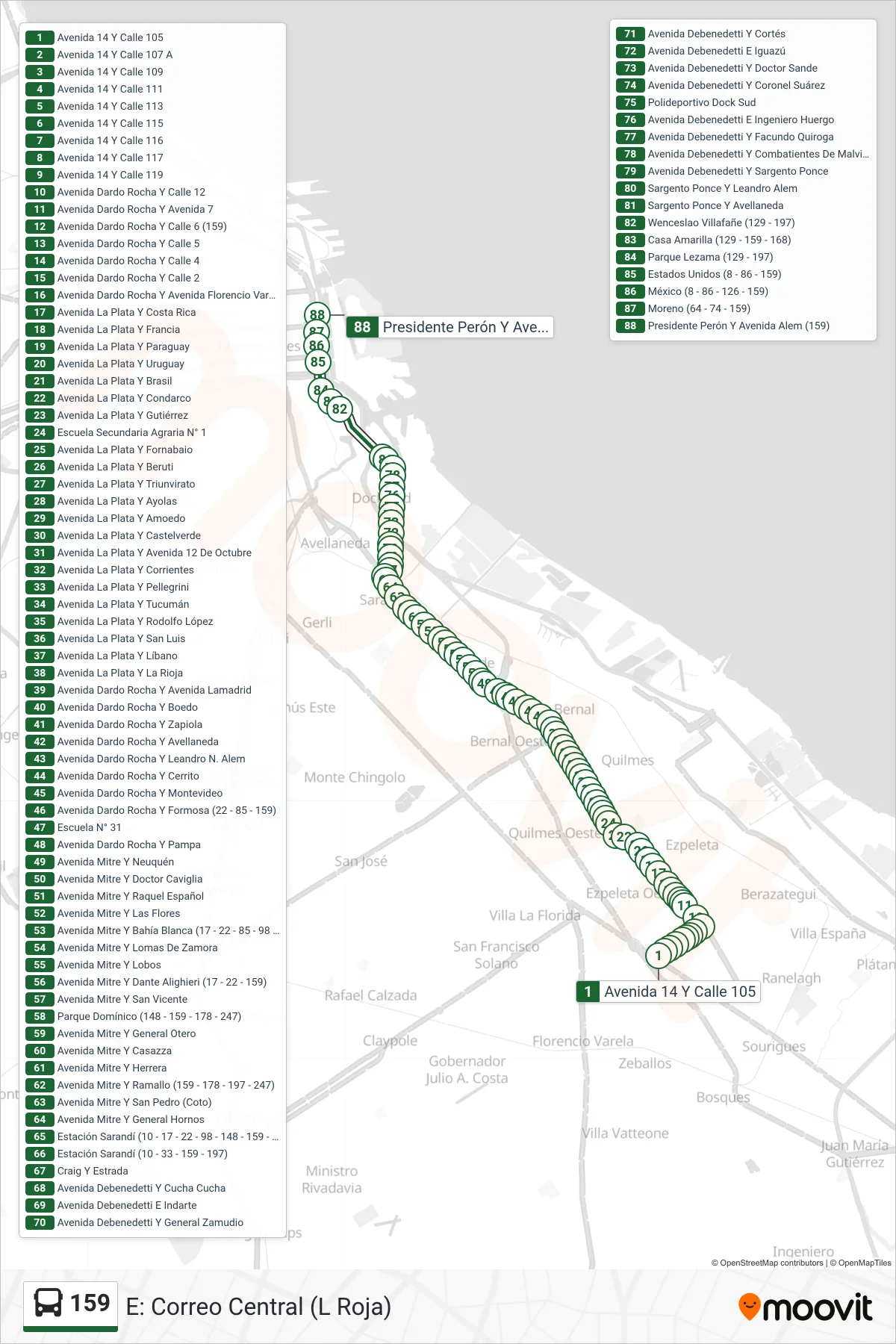 159 Colectivo Line (E: Correo Central (L Roja)) route and stops on a map