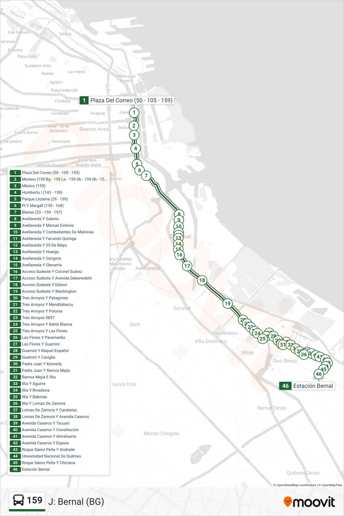 159 bus Line (J: Bernal (BG)) route and stops on a map