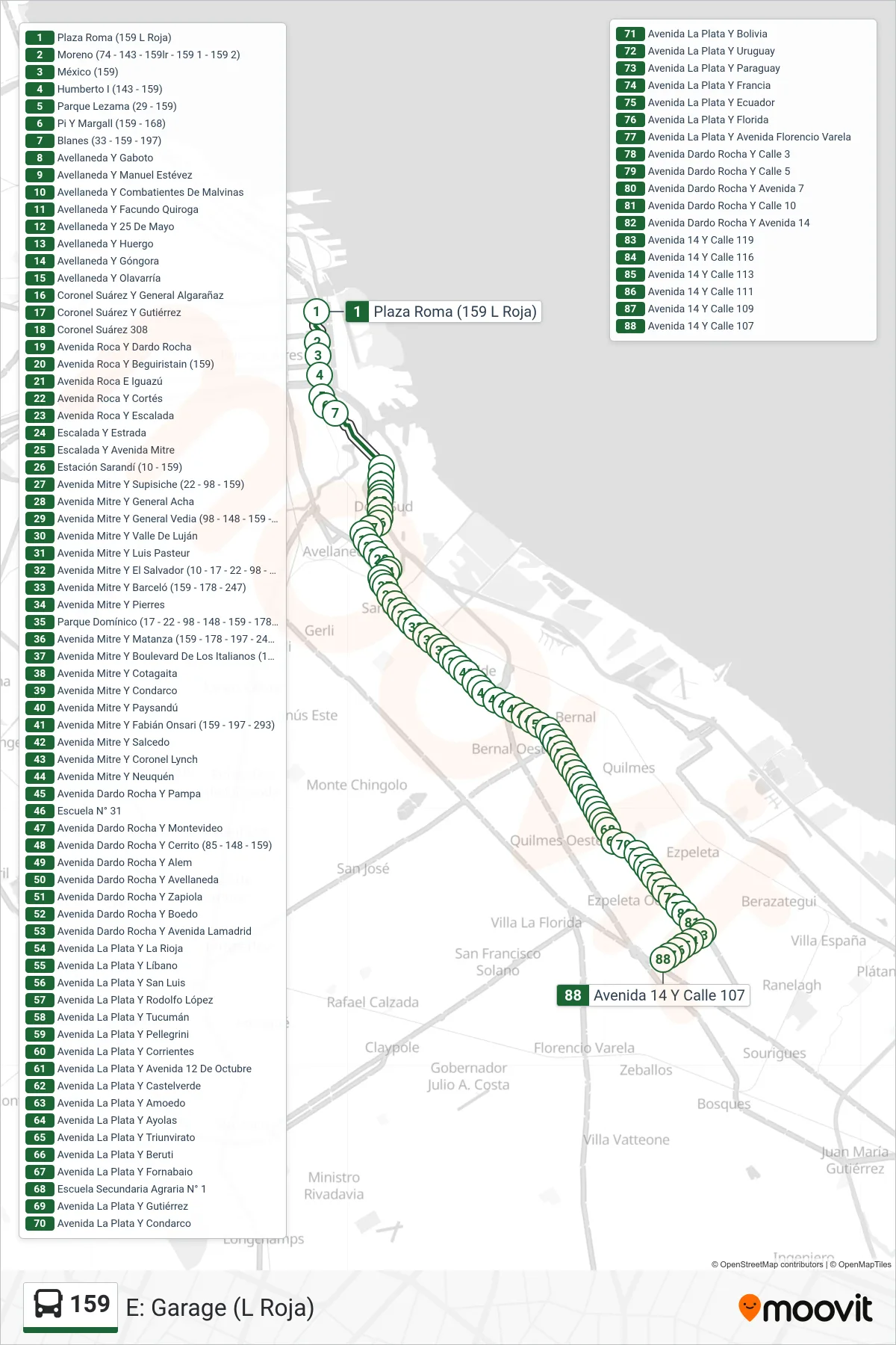 159 Colectivo Line (E: Garage (L Roja)) route and stops on a map