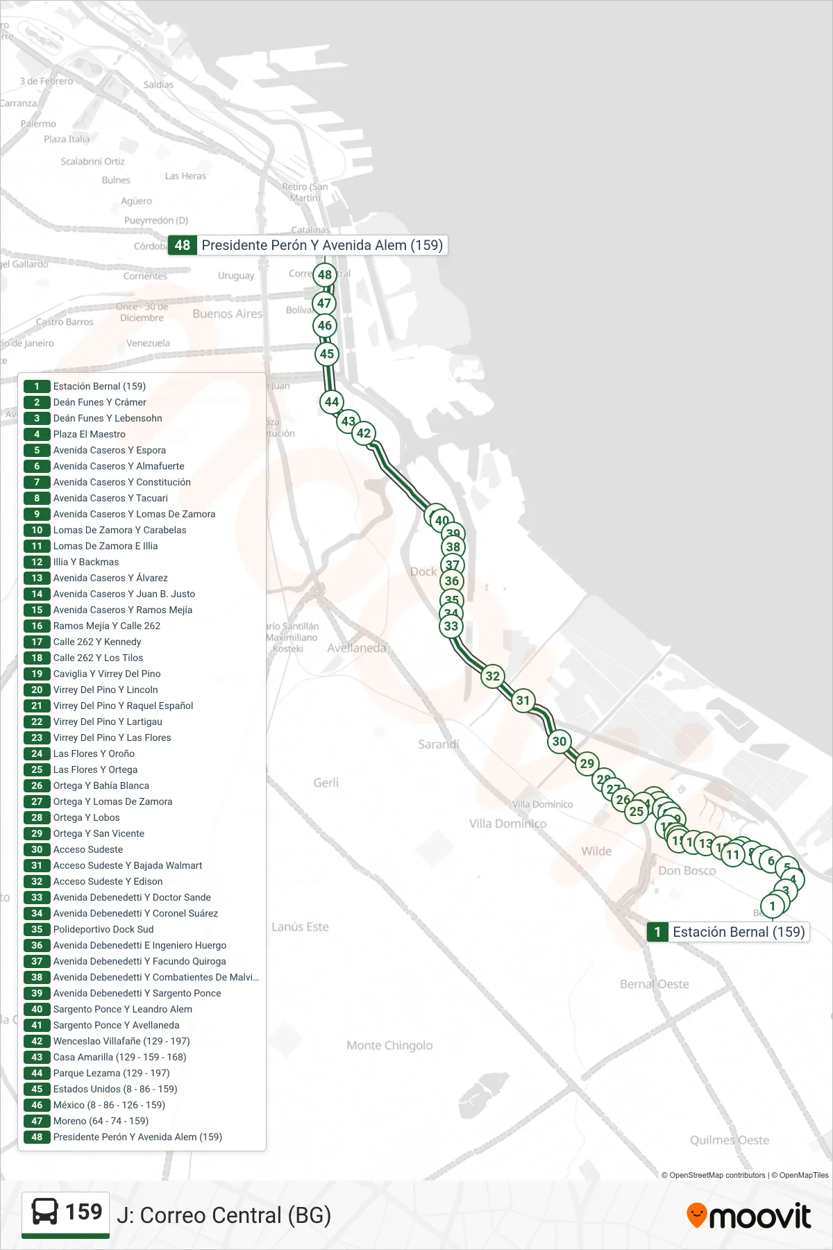 159 bus Line (J: Correo Central (BG)) route and stops on a map