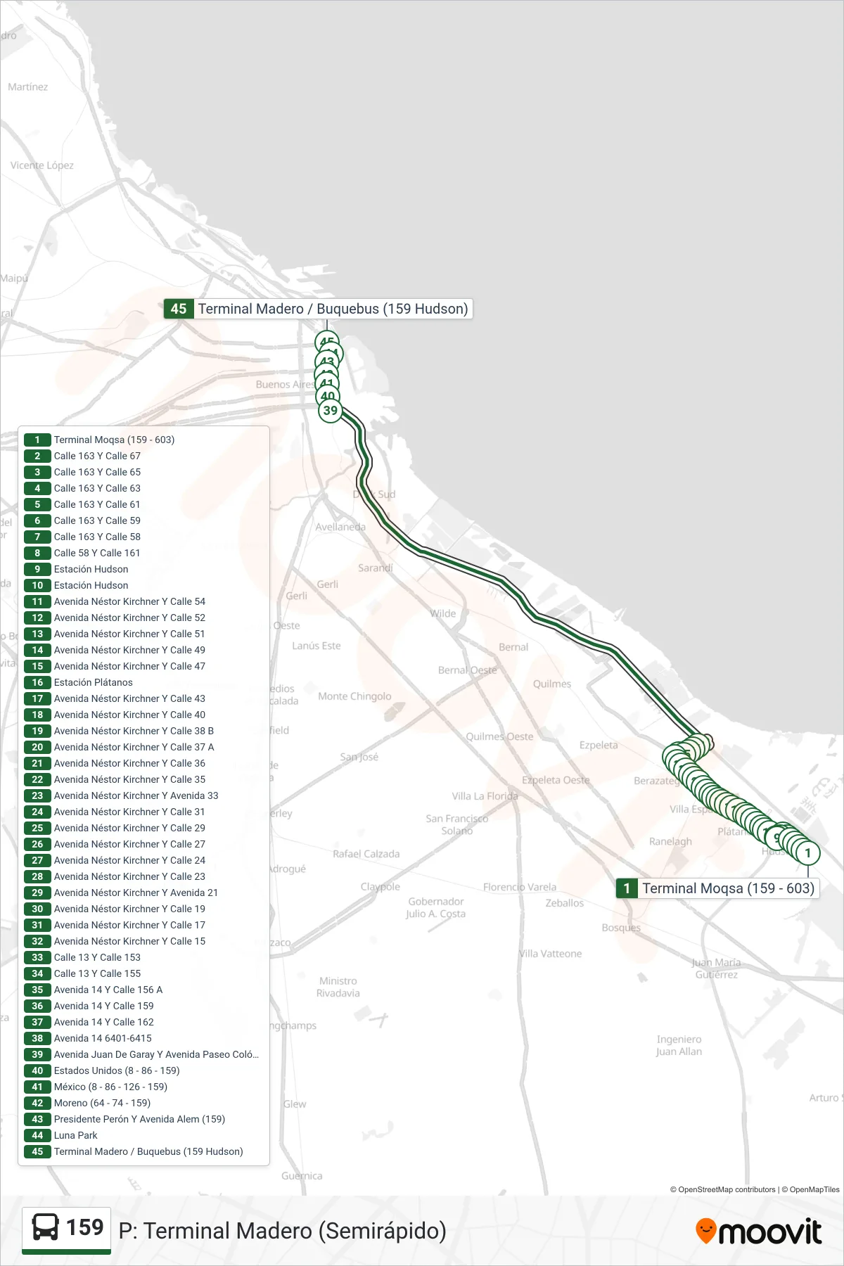 159 Colectivo Line (P: Terminal Madero (Semirápido)) route and stops on a map