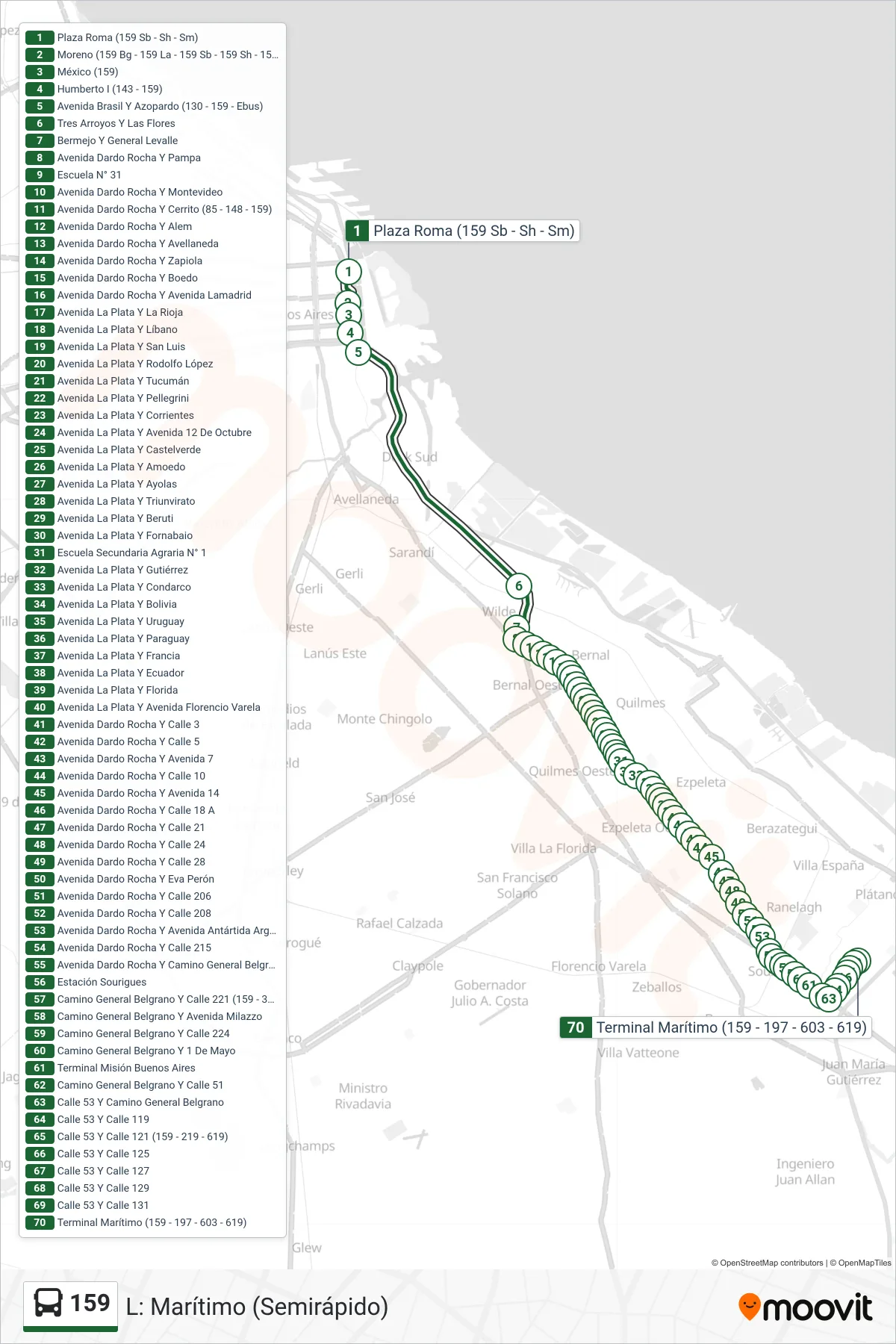 159 Colectivo Line (L: Marítimo (Semirápido)) route and stops on a map