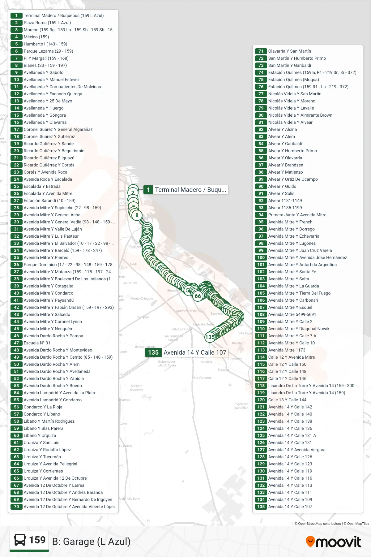 159 Colectivo Line (B: Garage (L Azul)) route and stops on a map