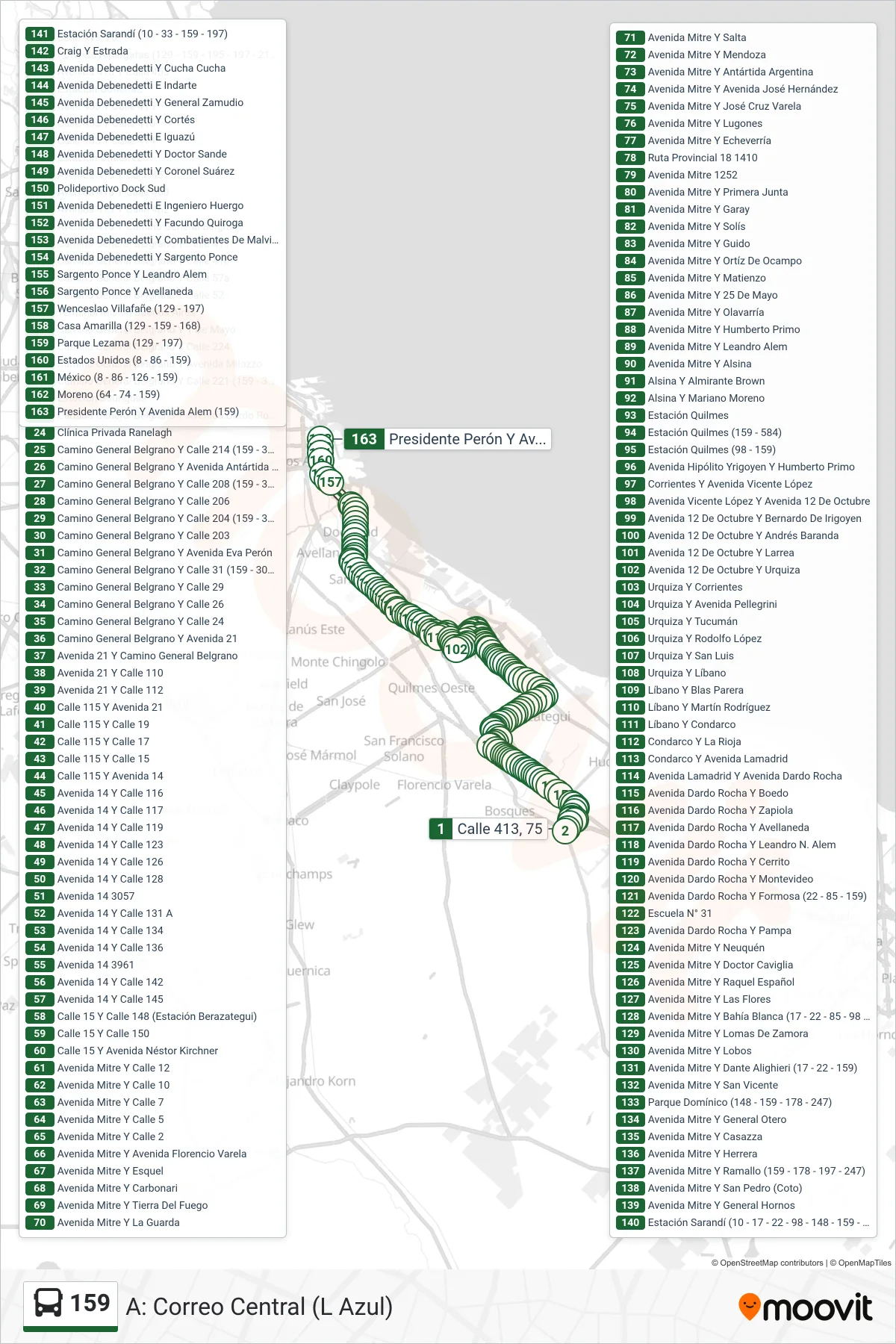 159 Colectivo Line (A: Correo Central (L Azul)) route and stops on a map