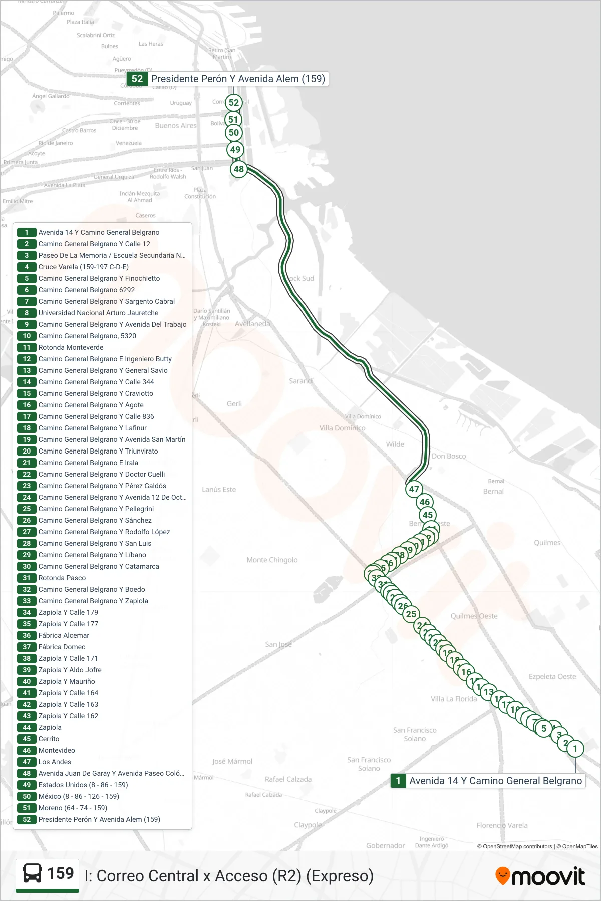 159 bus Line (I: Correo Central x Acceso (R2) (Expreso)) route and stops on a map