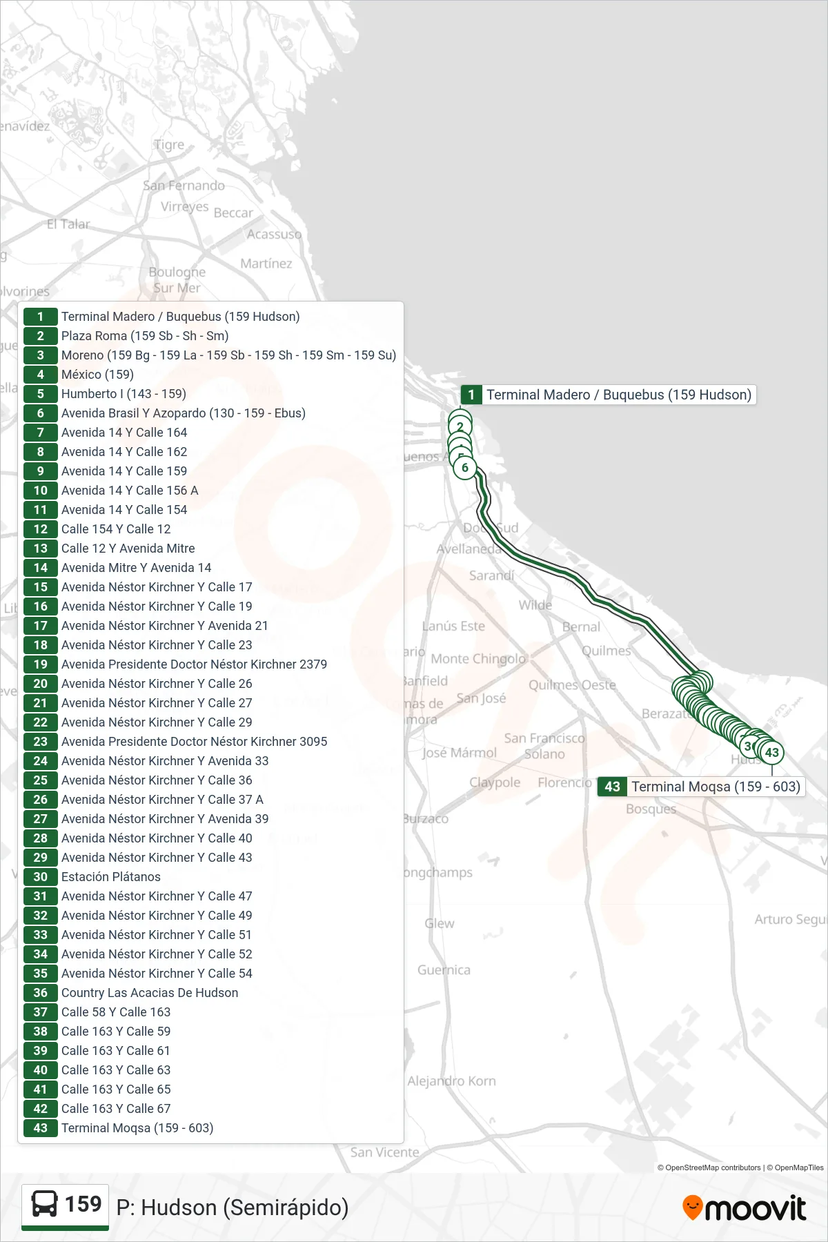 159 bus Line (P: Hudson (Semirápido)) route and stops on a map