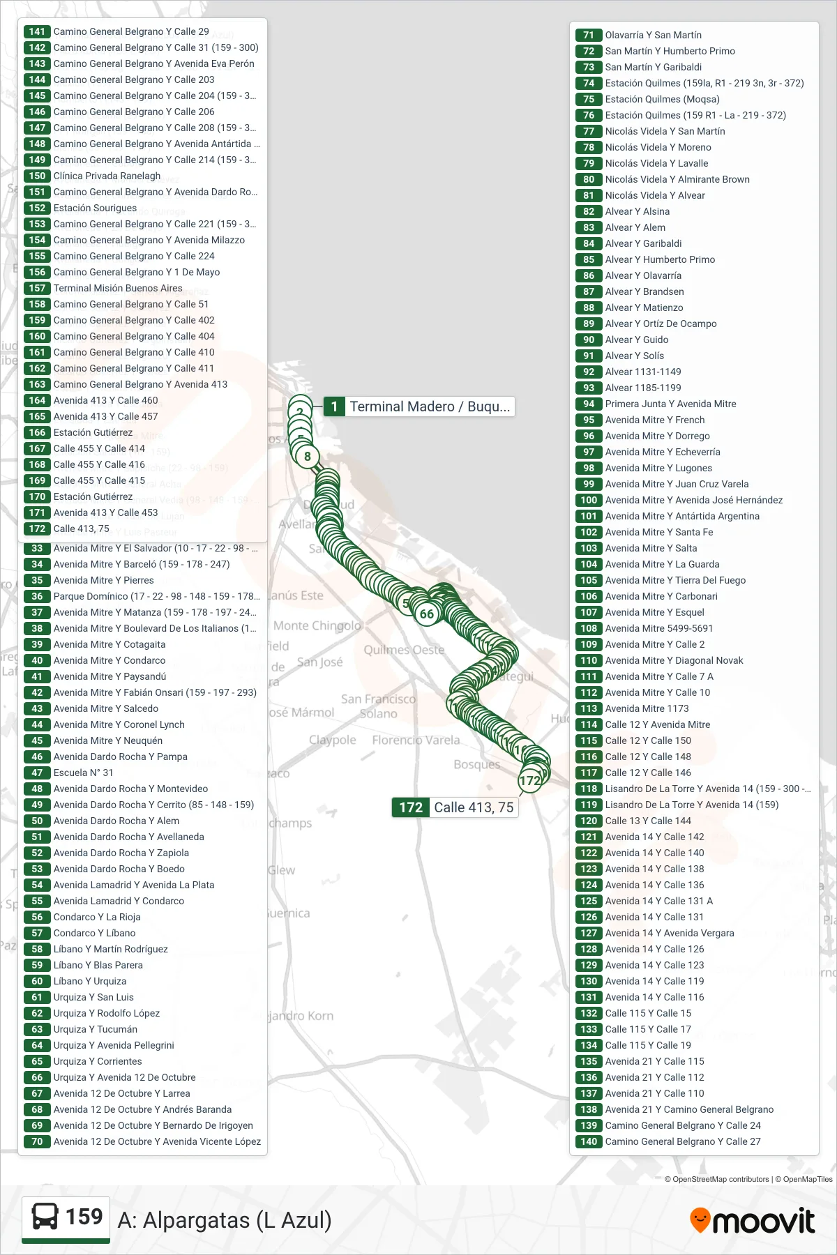 159 Colectivo Line (A: Alpargatas (L Azul)) route and stops on a map