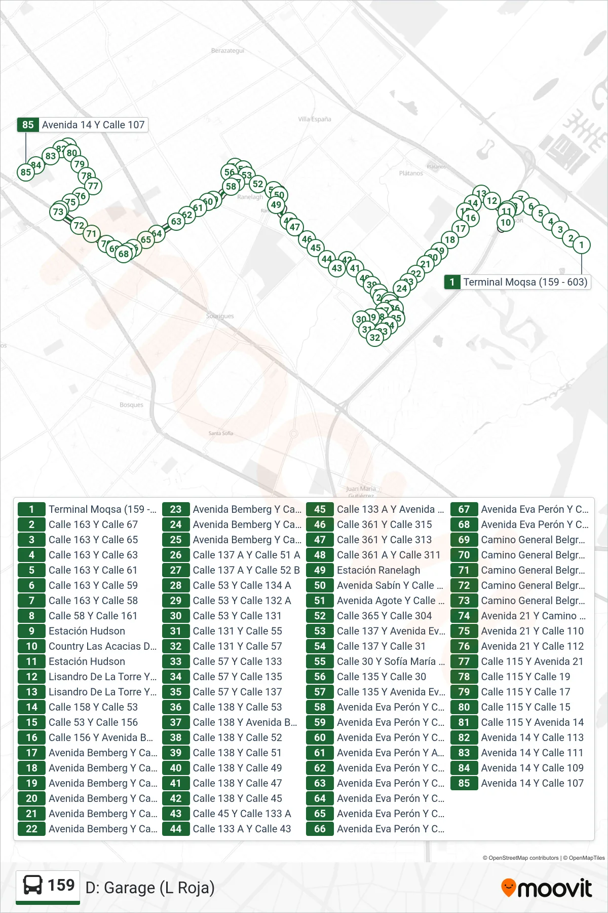 159 Colectivo Line (D: Garage (L Roja)) route and stops on a map