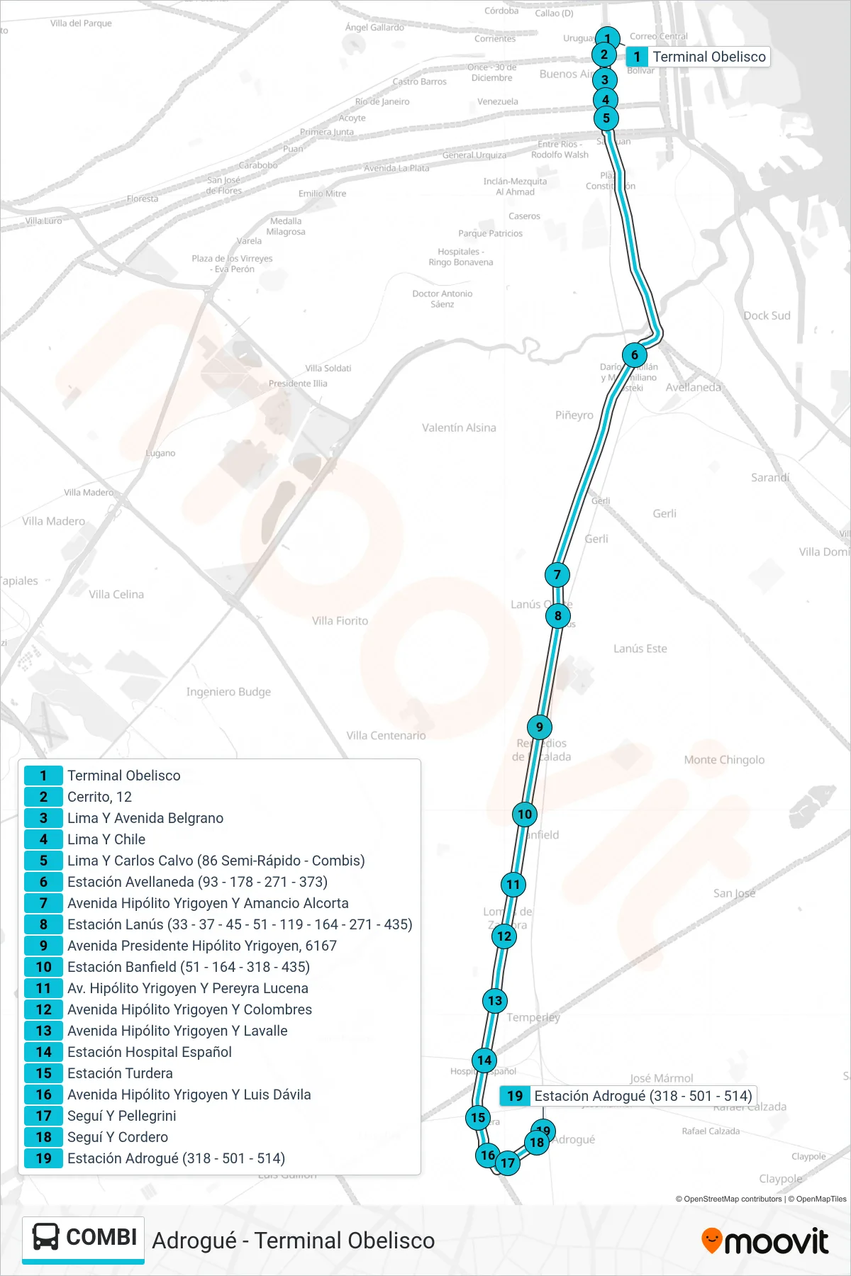 COMBI Colectivo Line (Adrogué) route and stops on a map