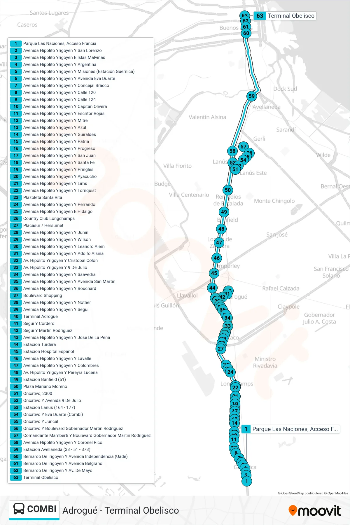 COMBI Colectivo Line (Terminal Obelisco) route and stops on a map