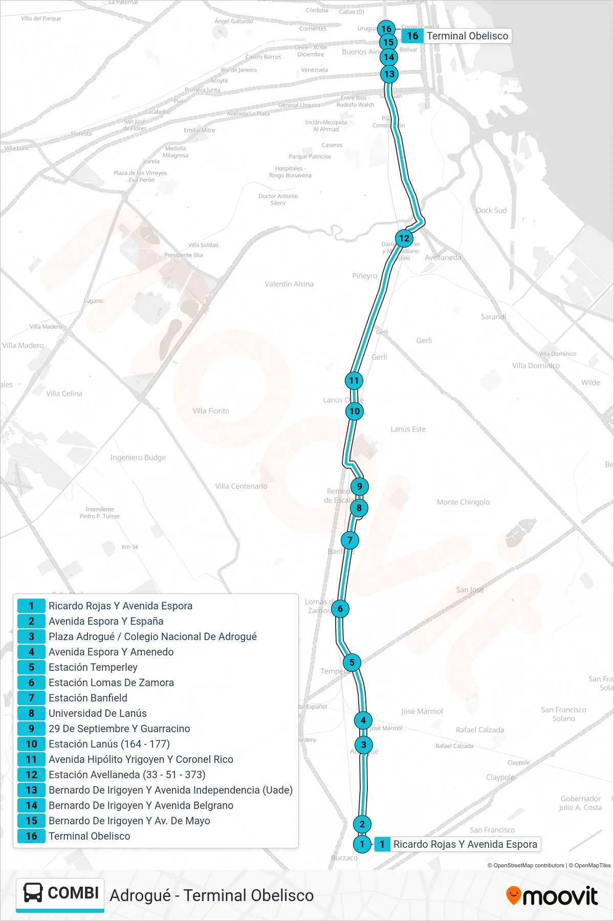 COMBI Colectivo Line (Terminal Obelisco) route and stops on a map