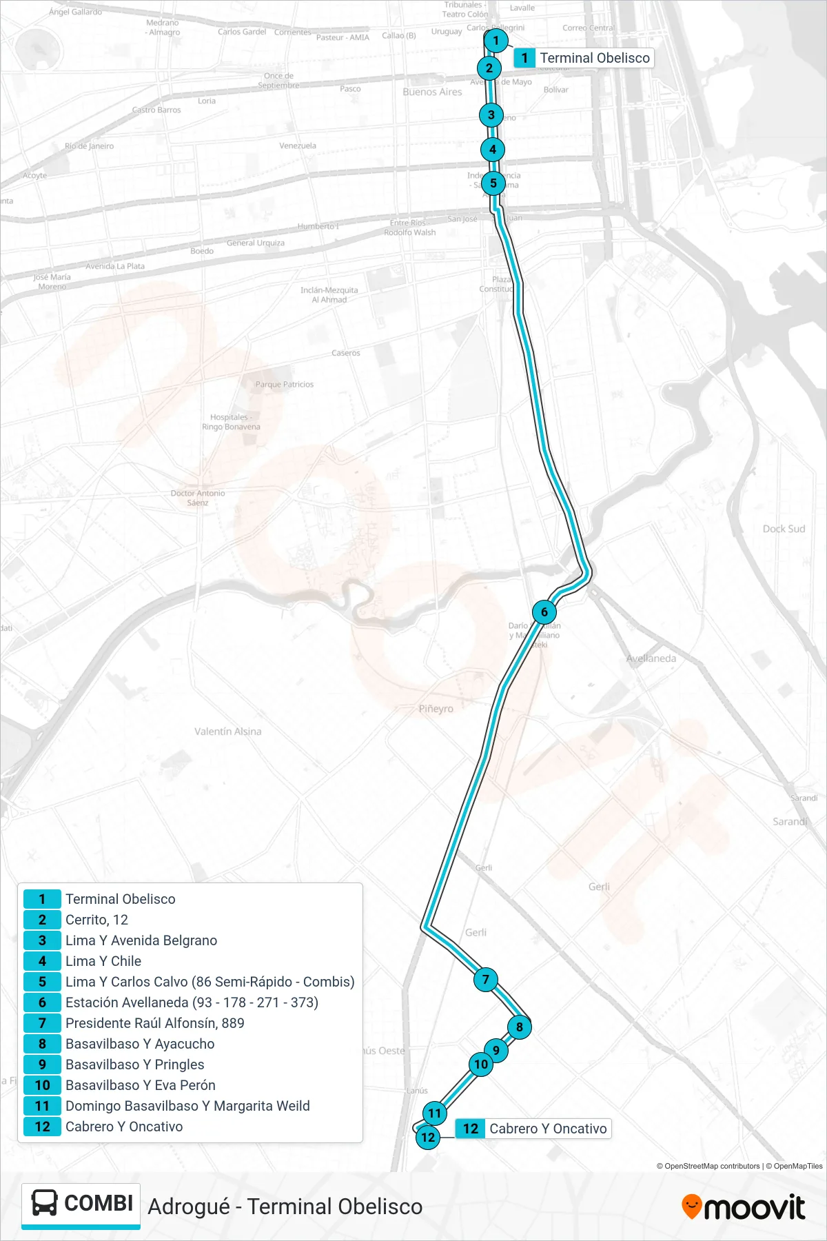 COMBI bus Line (Lanús Este) route and stops on a map