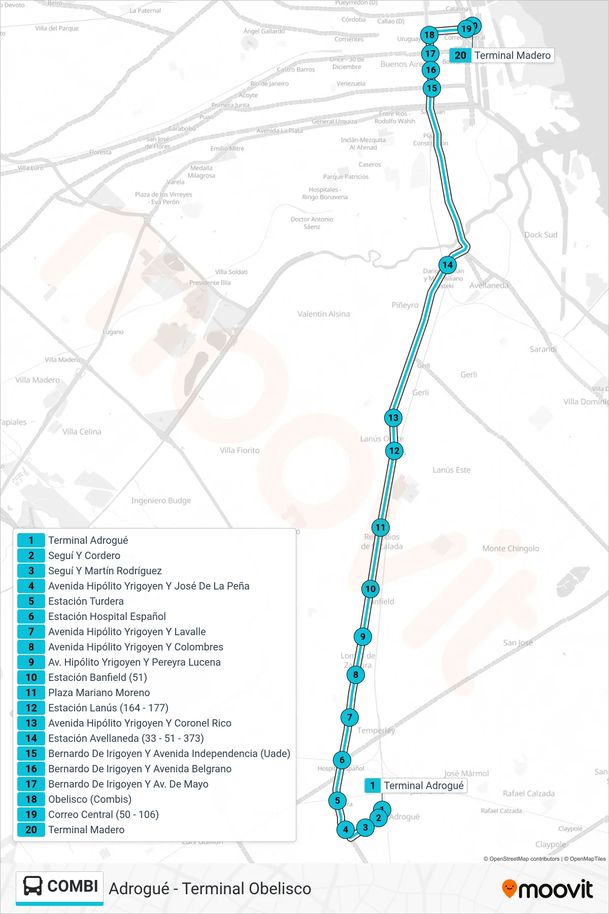 COMBI Colectivo Line (Terminal Madero) route and stops on a map