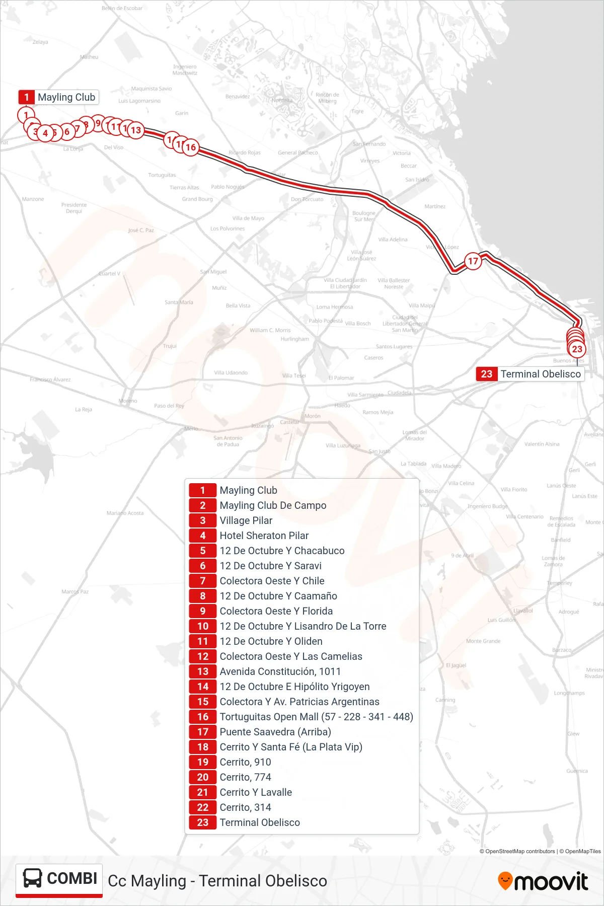 COMBI bus Line (Cc Mayling - Terminal Obelisco) route and stops on a map