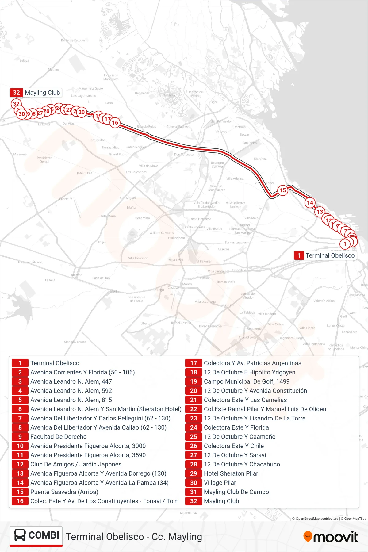 COMBI bus Line (Terminal Obelisco - Cc. Mayling) route and stops on a map