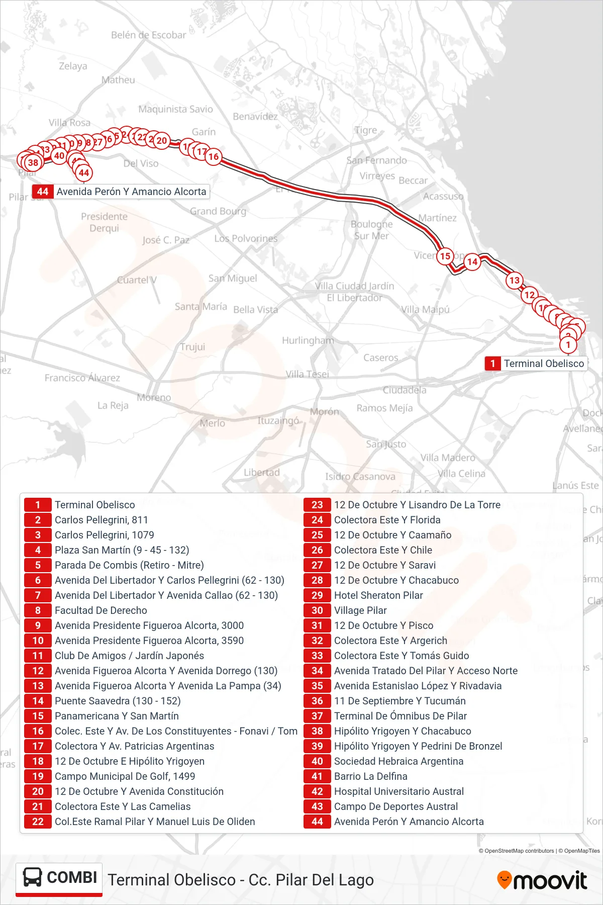 COMBI bus Line (Terminal Obelisco - Cc. Pilar Del Lago) route and stops on a map