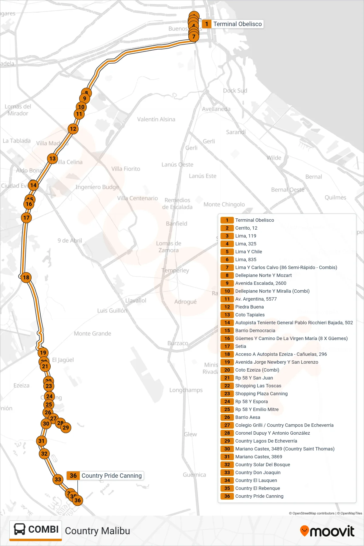 COMBI bus Line (Country Malibu) route and stops on a map