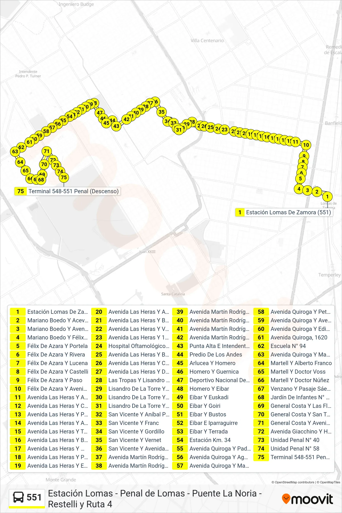 551 Colectivo Line (A: Penal de Lomas x Rodríguez) route and stops on a map