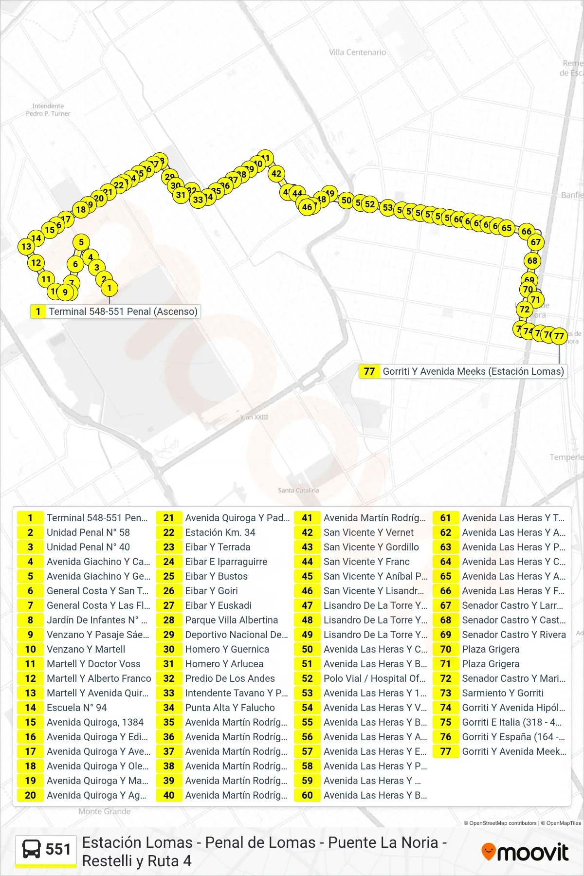 551 Colectivo Line (A: Estación Lomas x Rodríguez) route and stops on a map