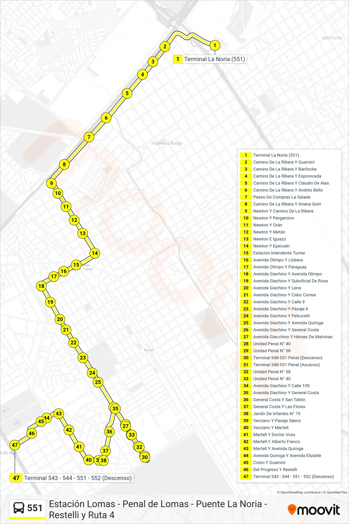 551 Colectivo Line (B: Restelli y Ruta 4 x Newton x Penal) route and stops on a map