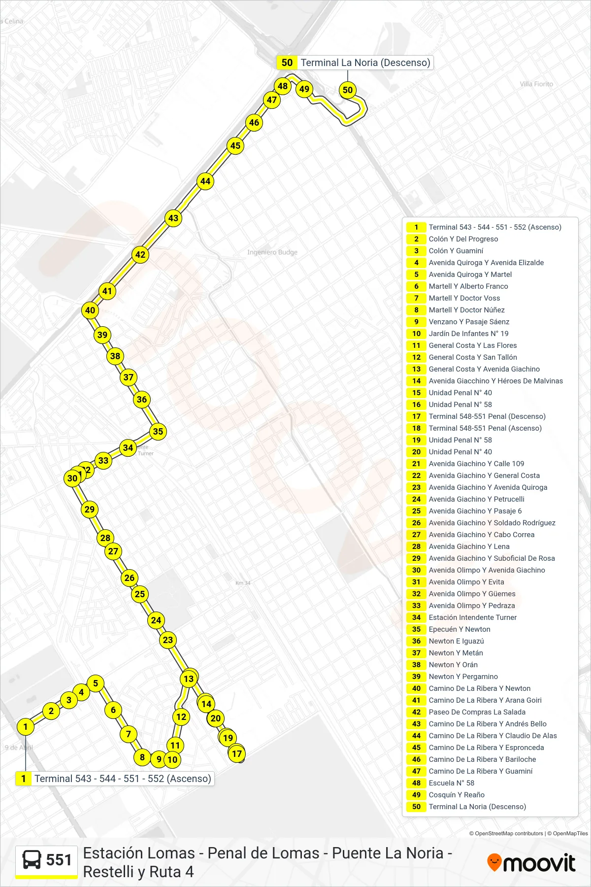 Recorrido y paradas de la línea 551 de Colectivo (B: Puente La Noria x Newton x Penal) en el mapa